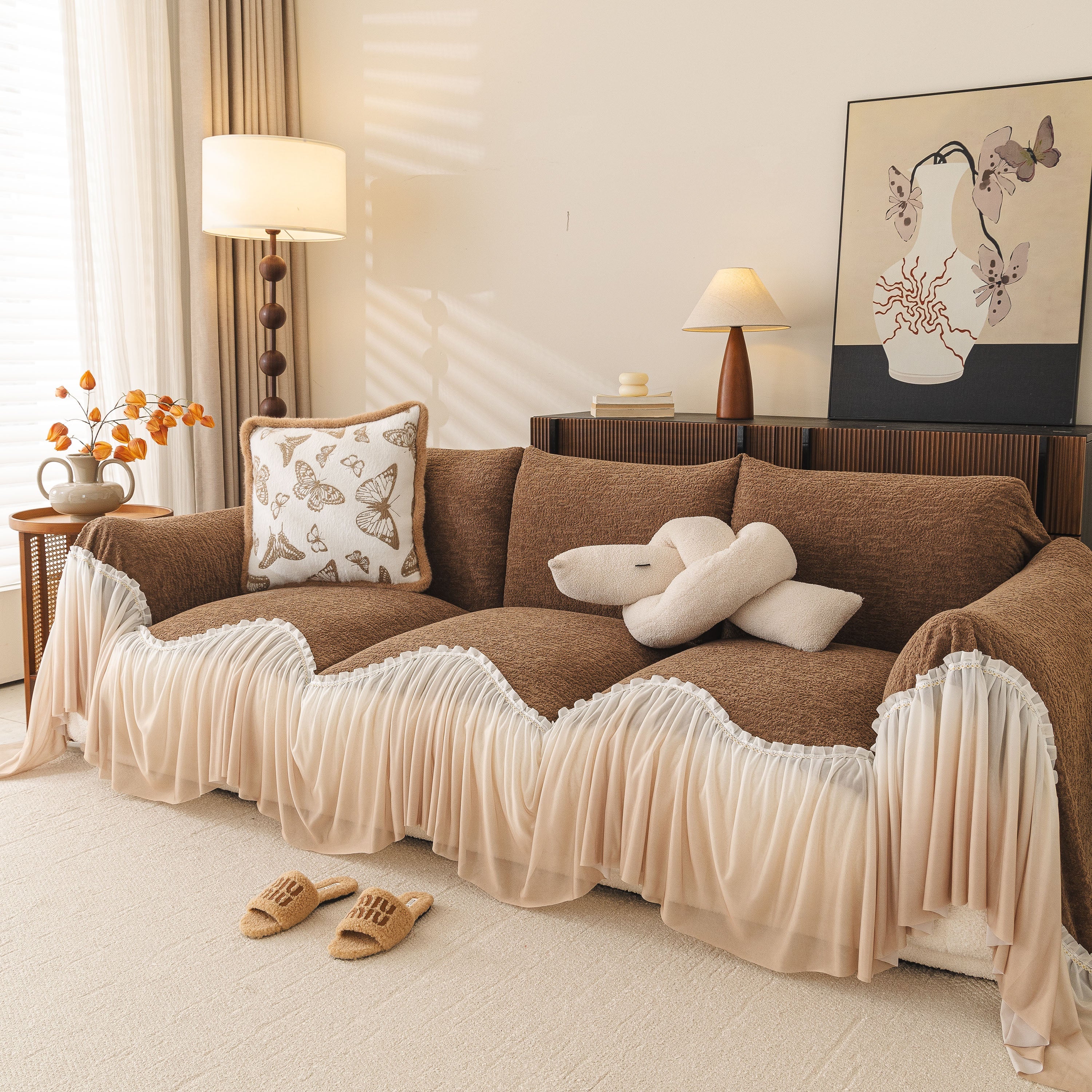 Luxury Sofa Throw Cover With Elegant Ruffled Skirt, Soft Decorative Couch Protector