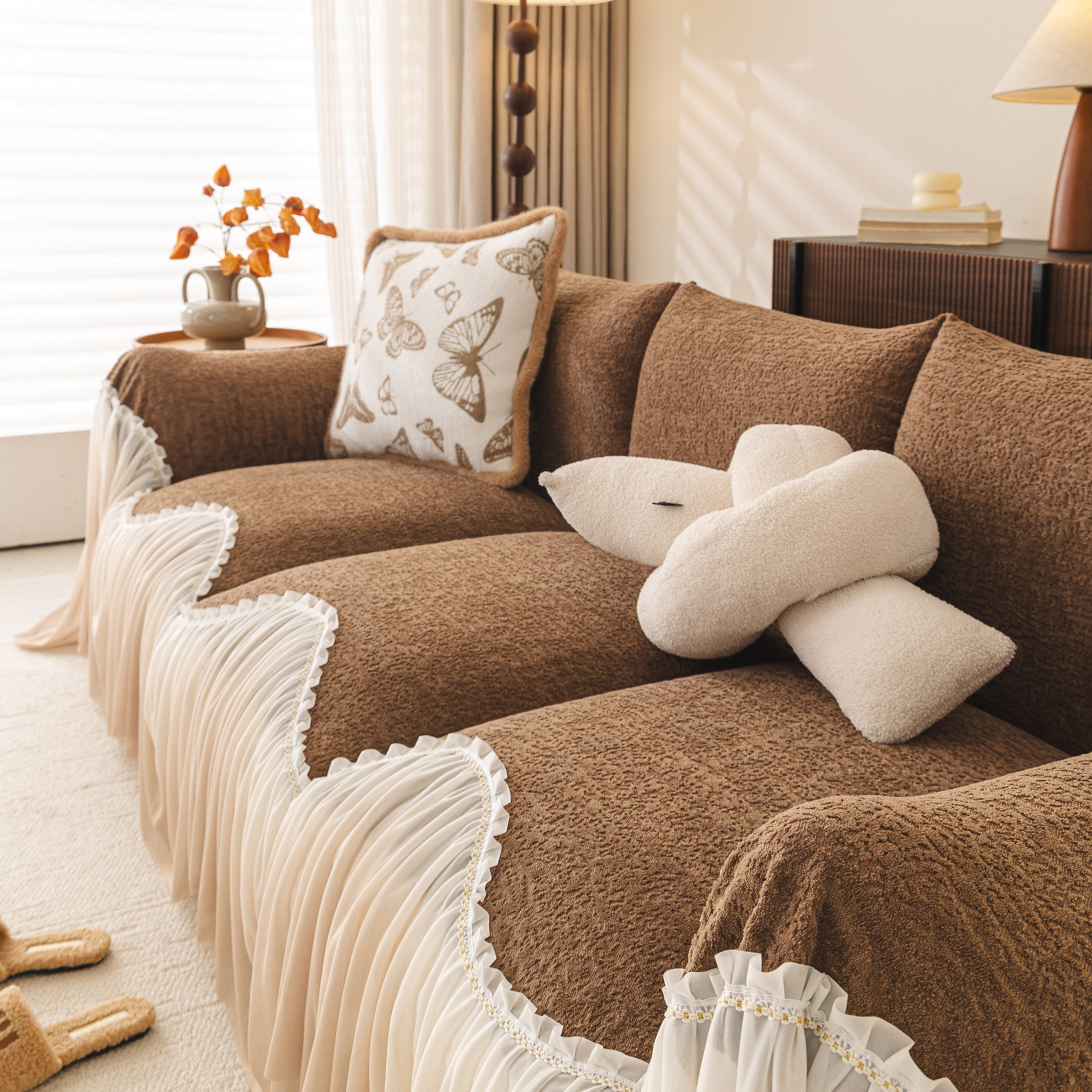 Luxury Sofa Throw Cover With Elegant Ruffled Skirt, Soft Decorative Couch Protector