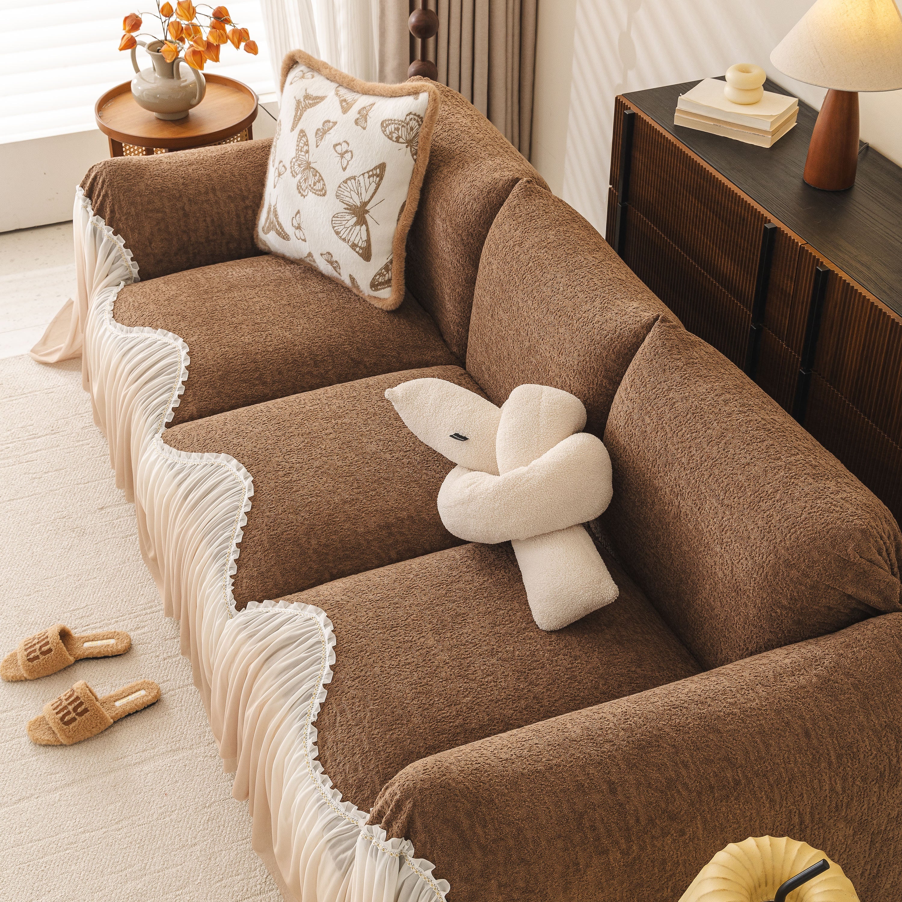 Luxury Sofa Throw Cover With Elegant Ruffled Skirt, Soft Decorative Couch Protector