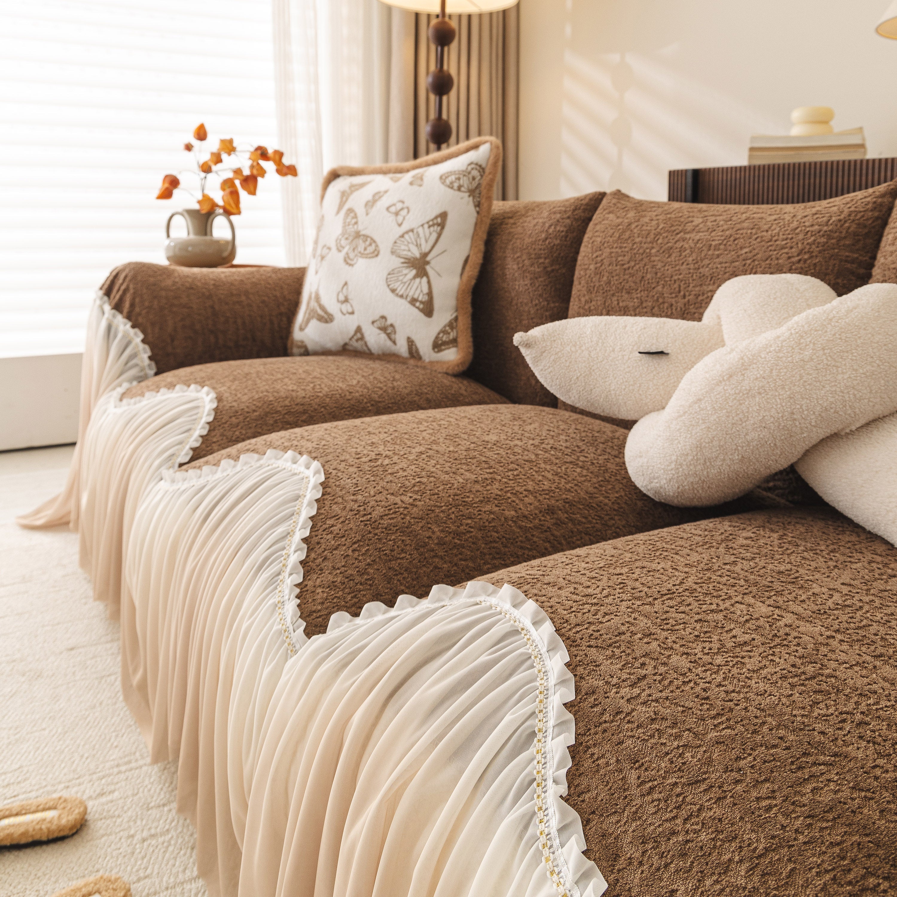 Luxury Sofa Throw Cover With Elegant Ruffled Skirt, Soft Decorative Couch Protector