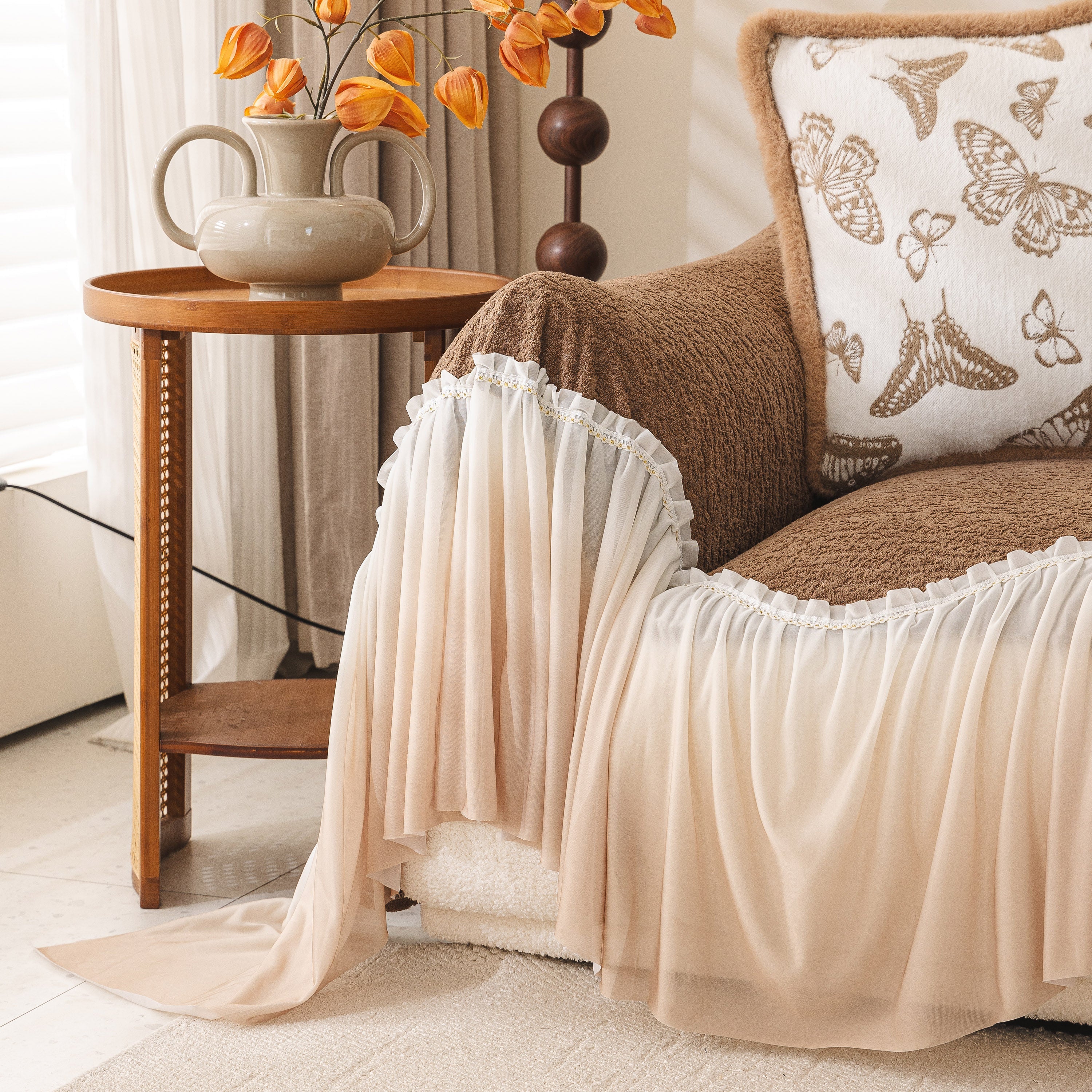 Luxury Sofa Throw Cover With Elegant Ruffled Skirt, Soft Decorative Couch Protector