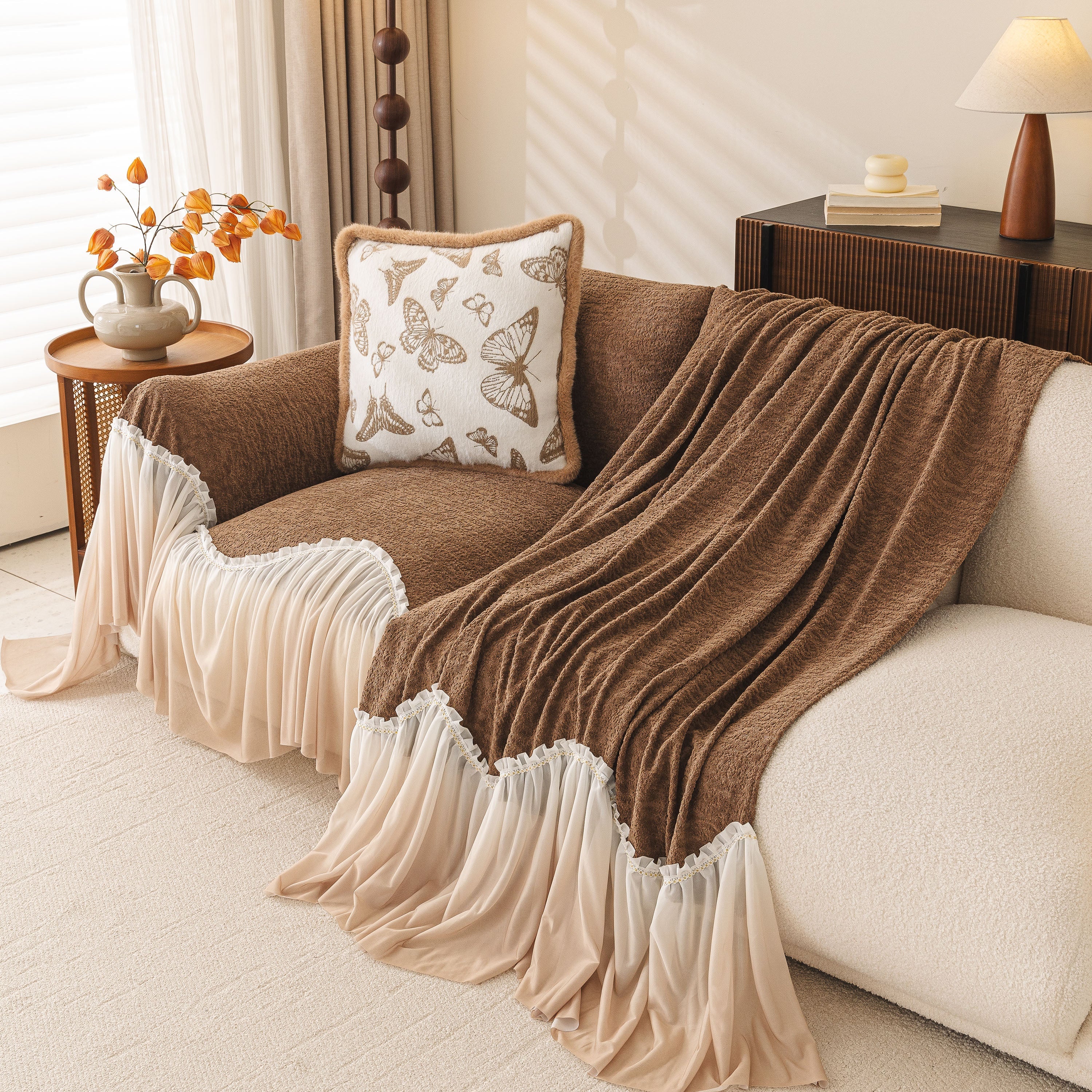Luxury Sofa Throw Cover With Elegant Ruffled Skirt, Soft Decorative Couch Protector