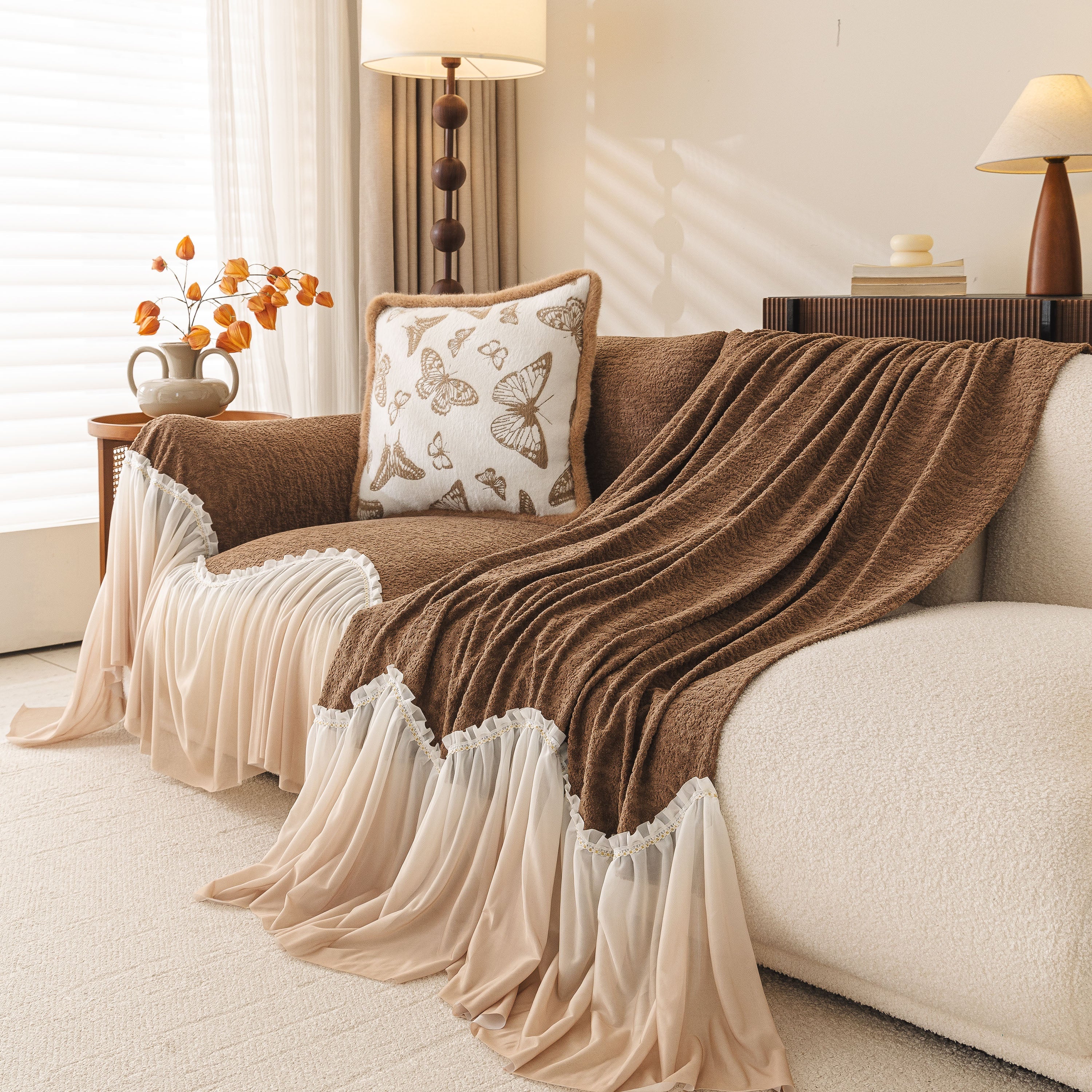 Luxury Sofa Throw Cover With Elegant Ruffled Skirt, Soft Decorative Couch Protector