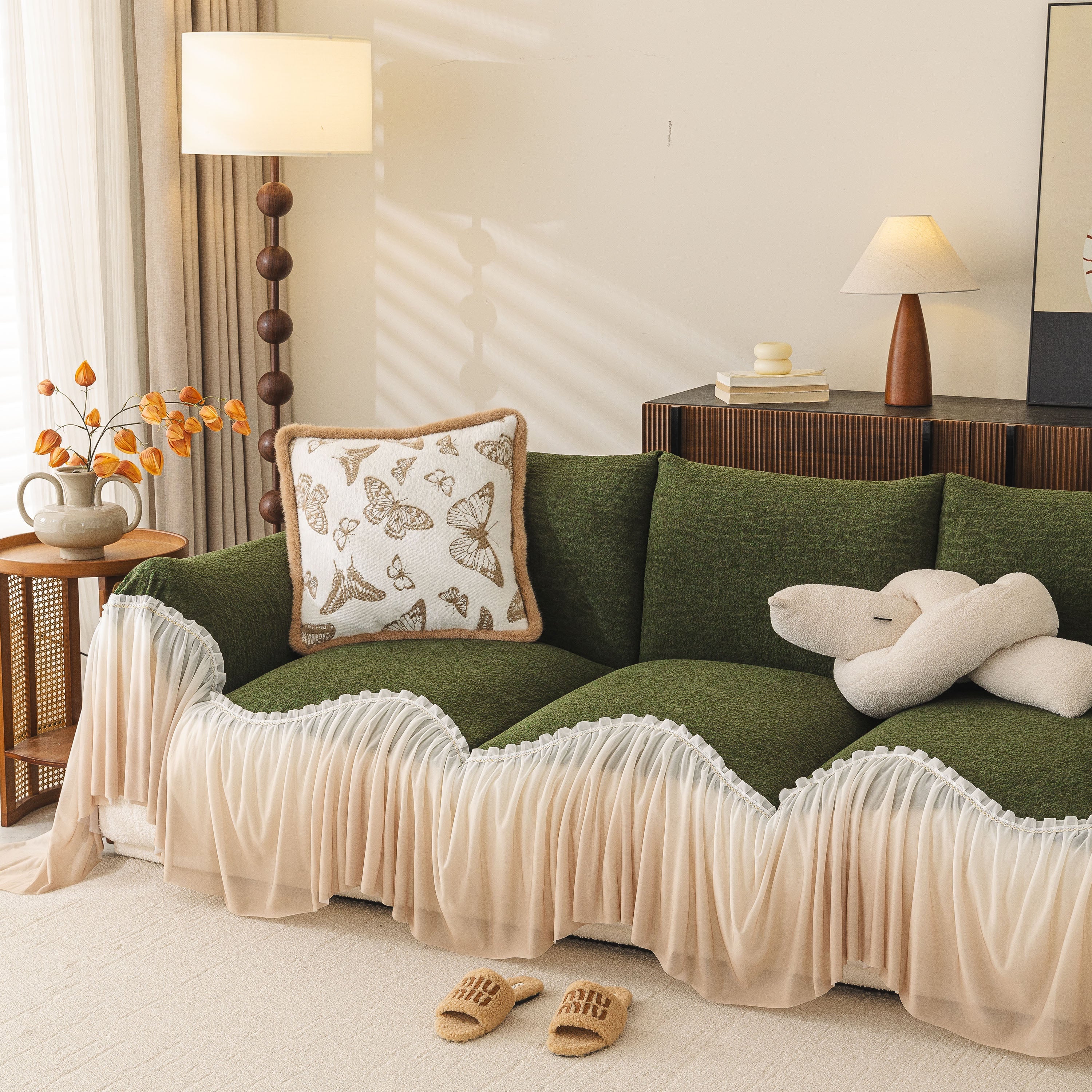 Luxury Sofa Throw Cover With Elegant Ruffled Skirt, Soft Decorative Couch Protector