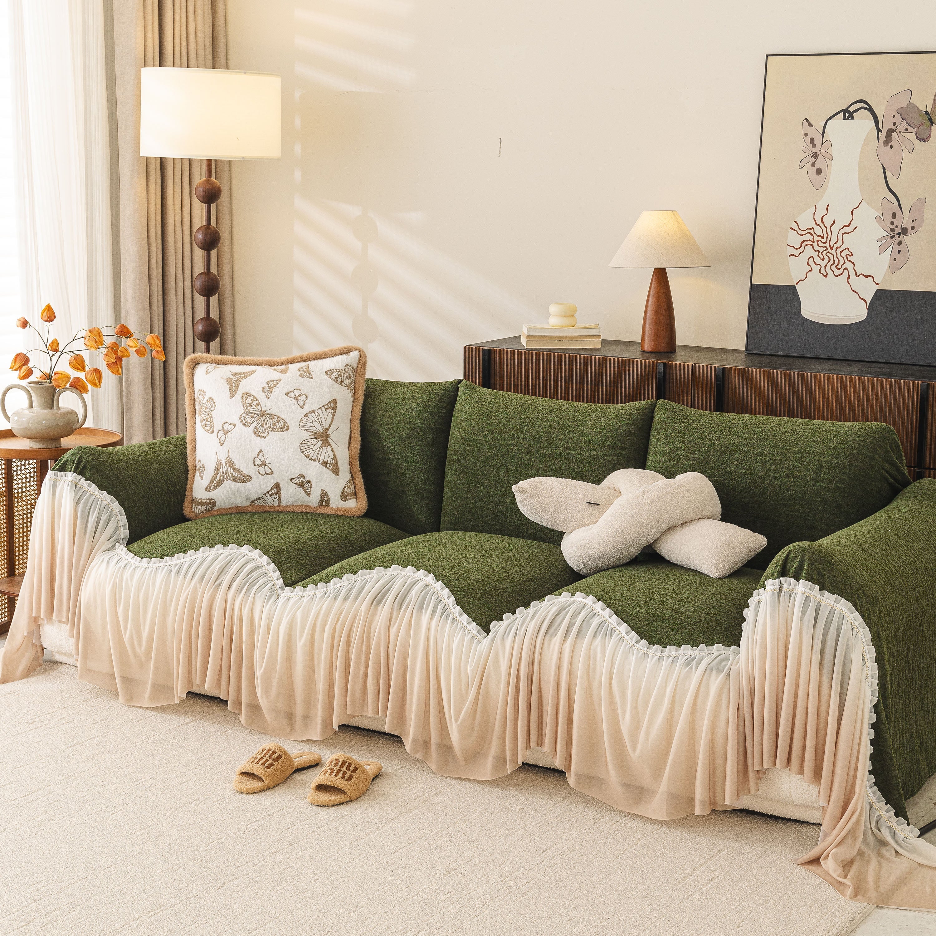Luxury Sofa Throw Cover With Elegant Ruffled Skirt, Soft Decorative Couch Protector