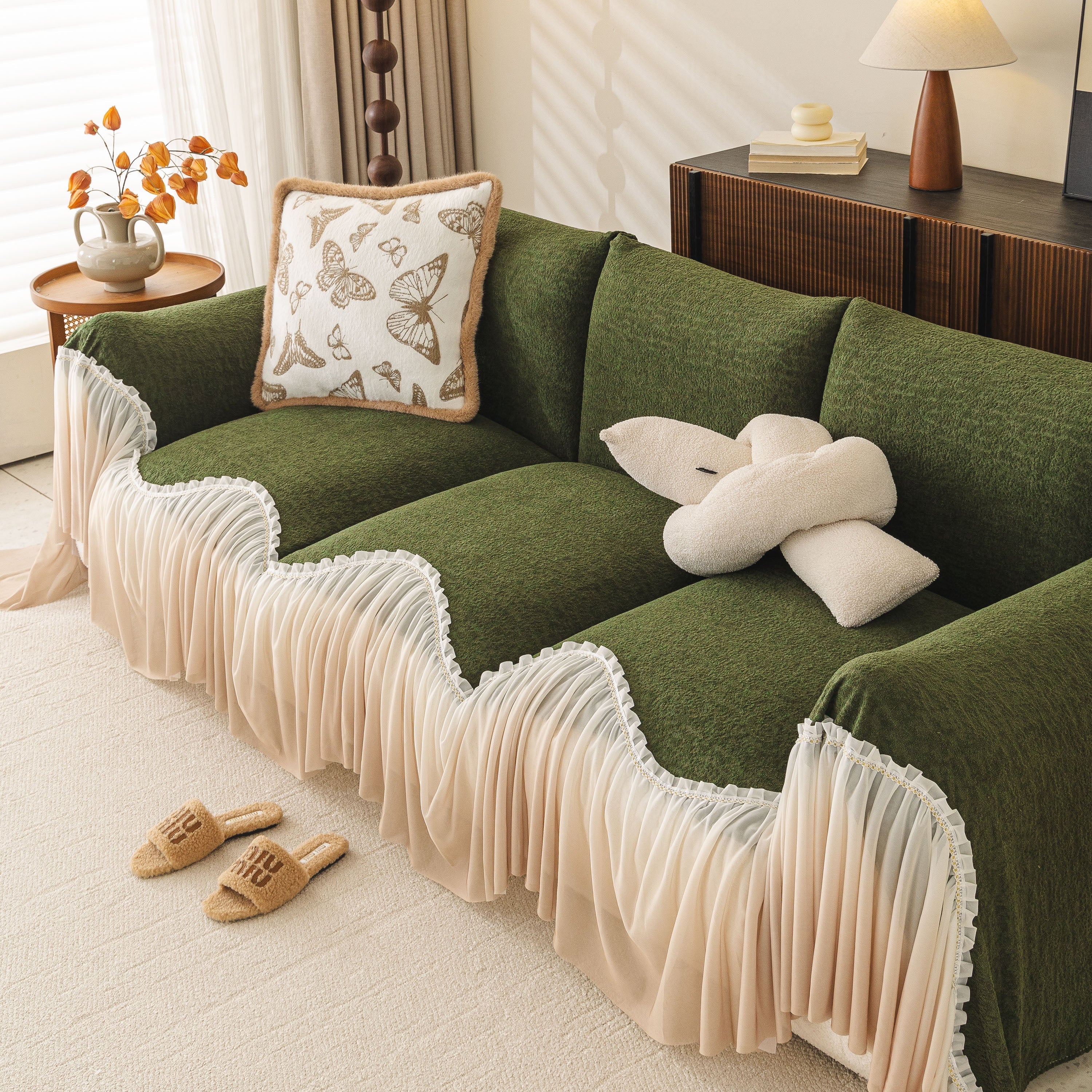Luxury Sofa Throw Cover With Elegant Ruffled Skirt, Soft Decorative Couch Protector