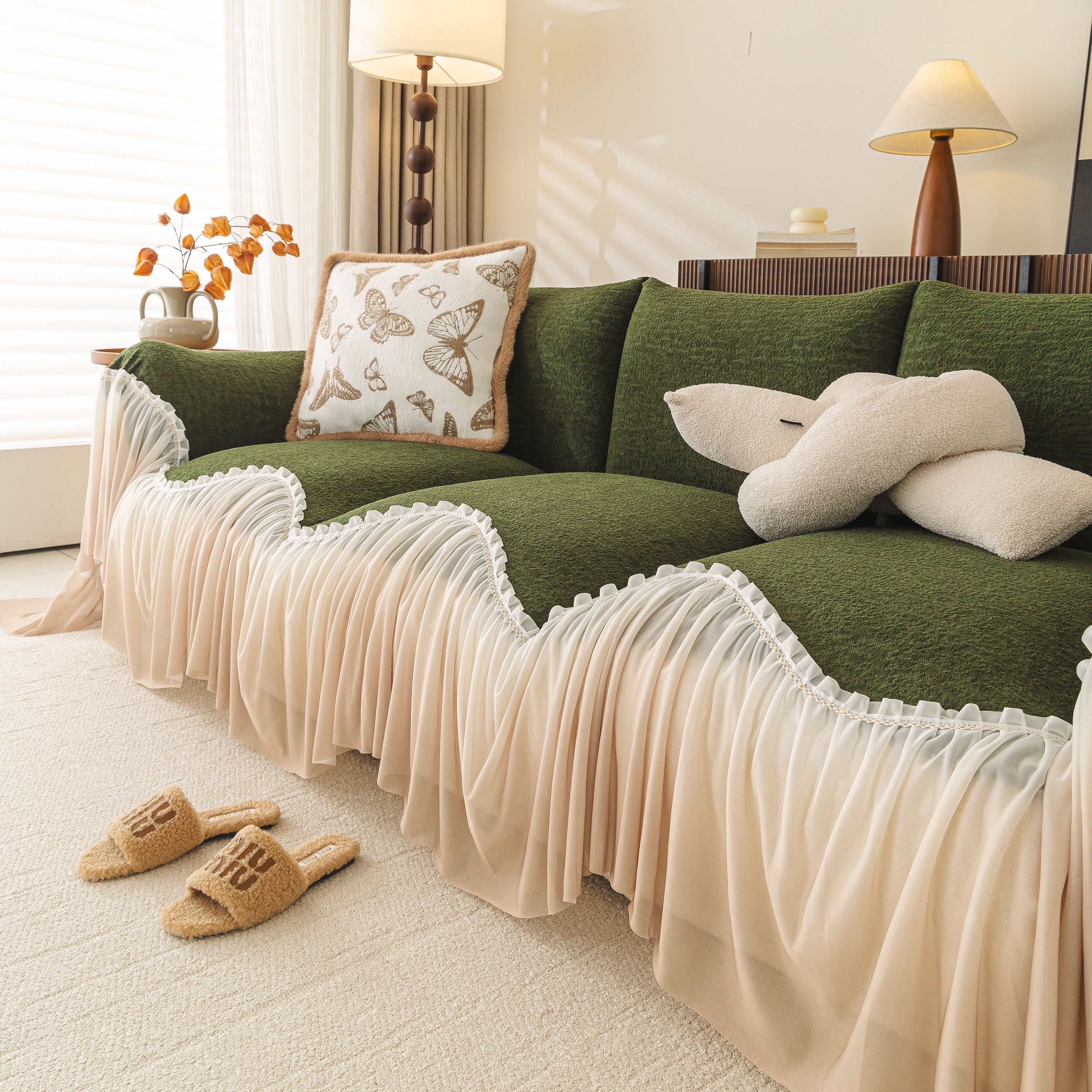 Luxury Sofa Throw Cover With Elegant Ruffled Skirt, Soft Decorative Couch Protector
