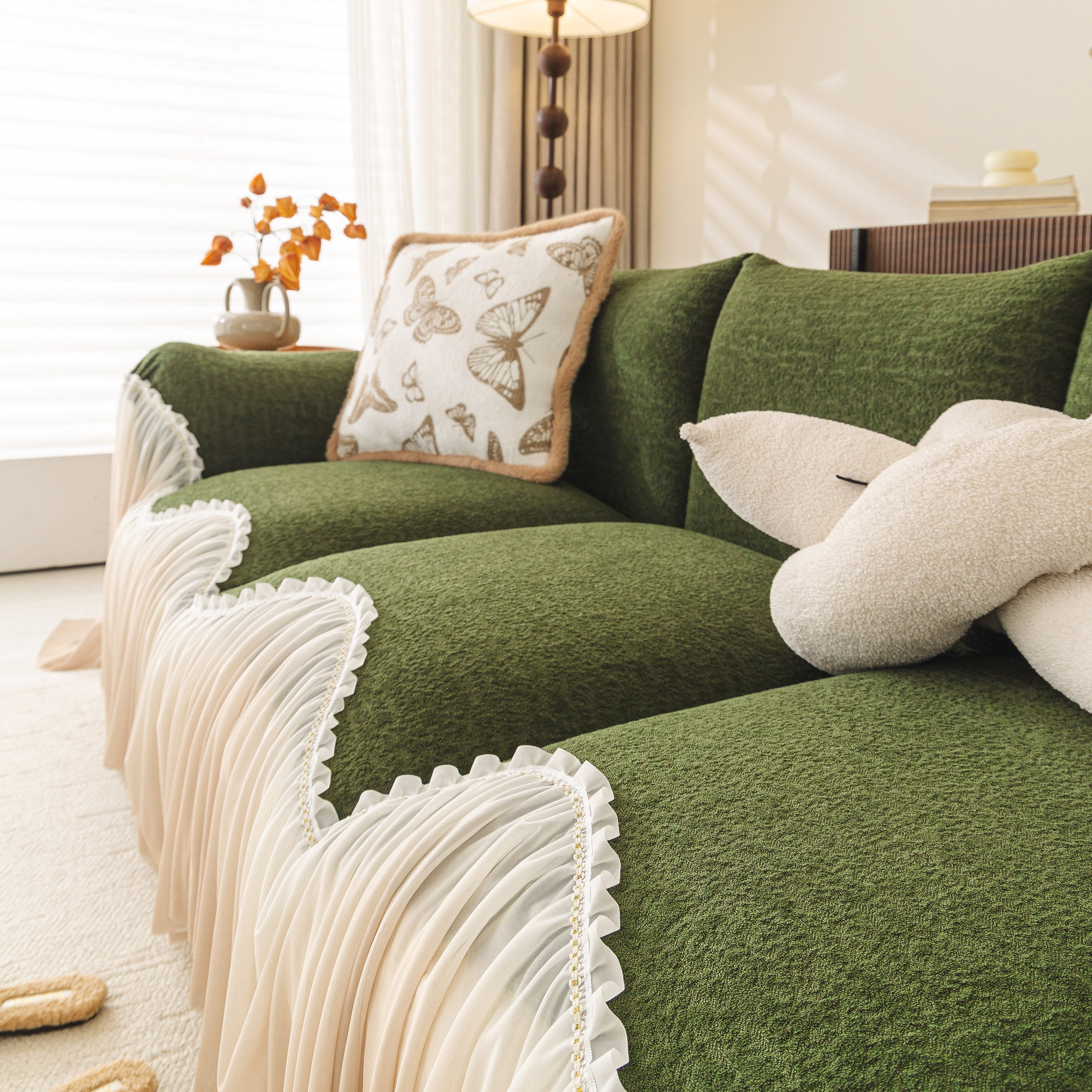 Luxury Sofa Throw Cover With Elegant Ruffled Skirt, Soft Decorative Couch Protector