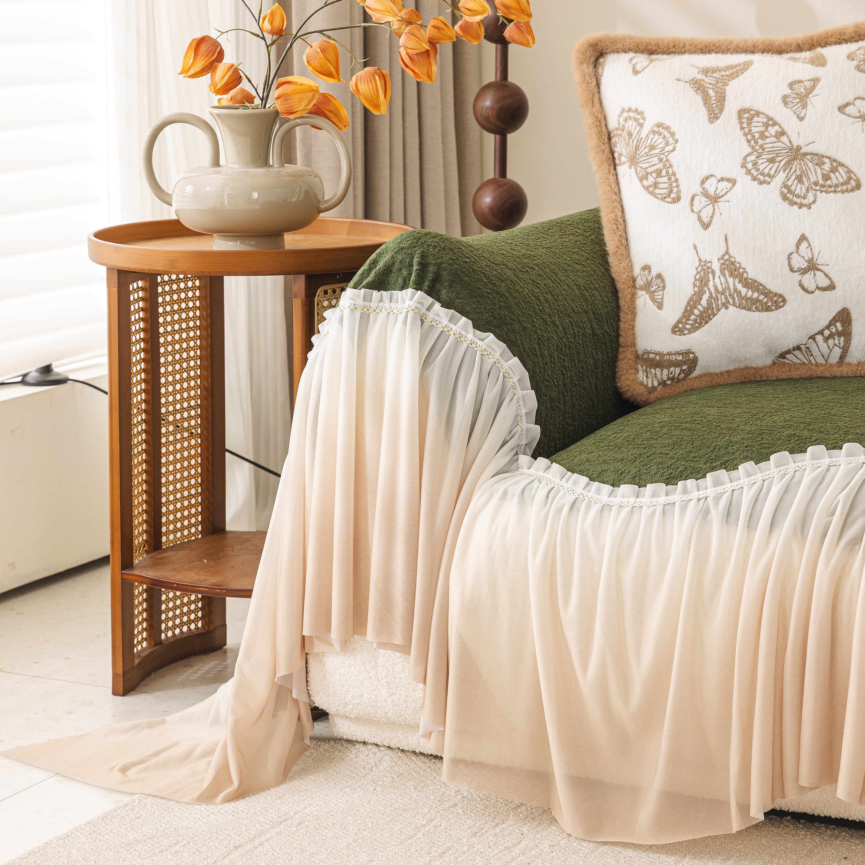 Luxury Sofa Throw Cover With Elegant Ruffled Skirt, Soft Decorative Couch Protector