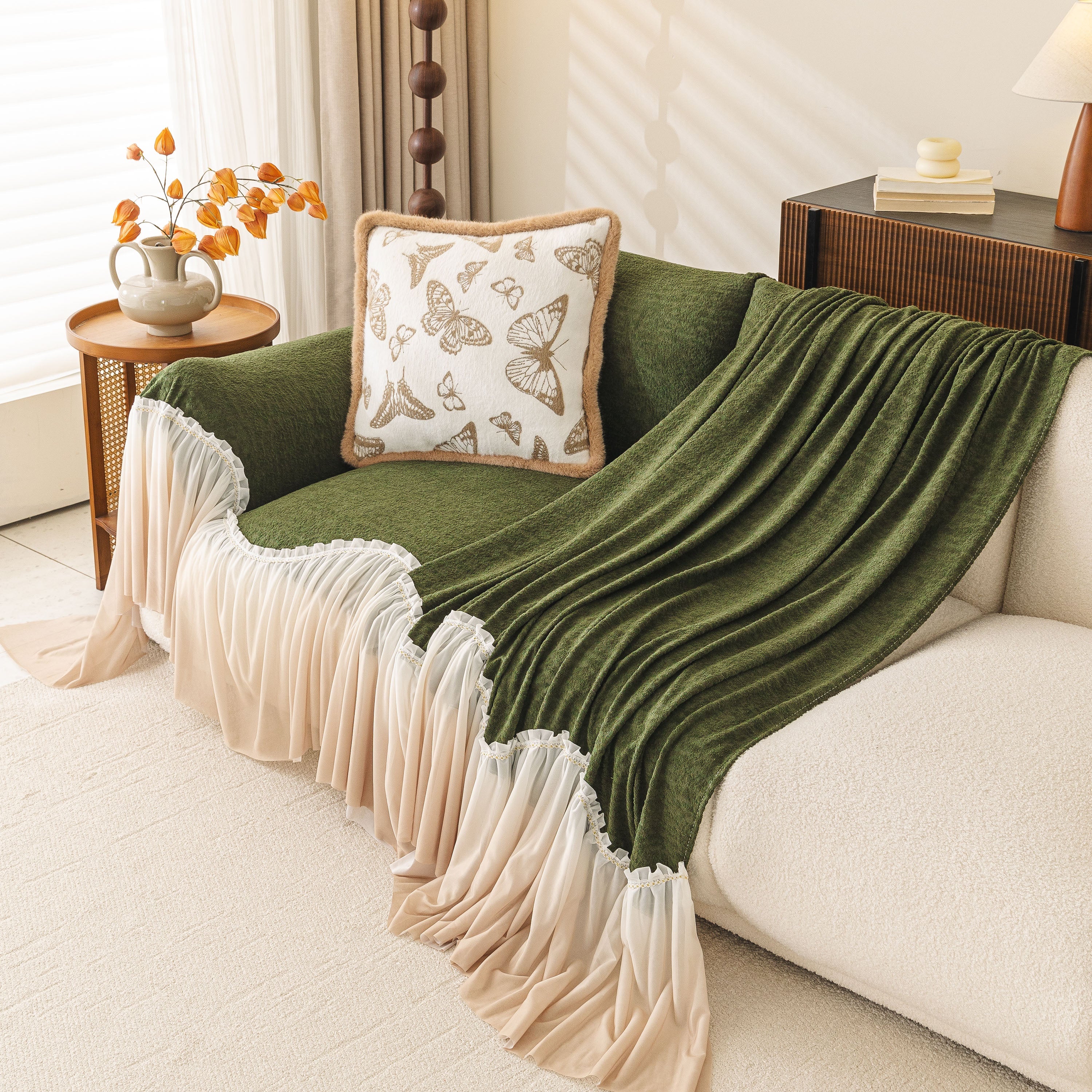 Luxury Sofa Throw Cover With Elegant Ruffled Skirt, Soft Decorative Couch Protector