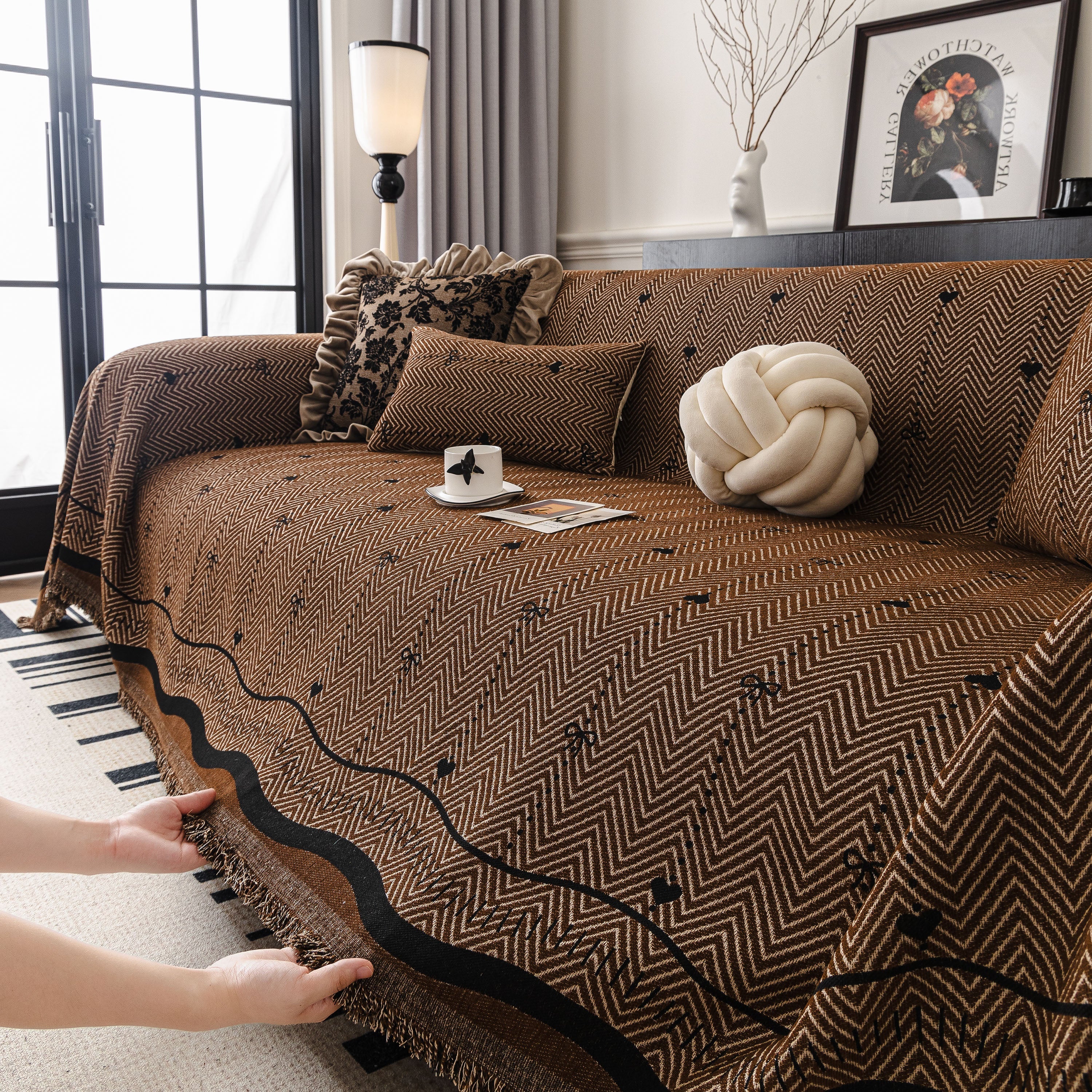 Chenille Couch Throw Cover Decorative Herringbone Sofa Blanket Protector For Couch