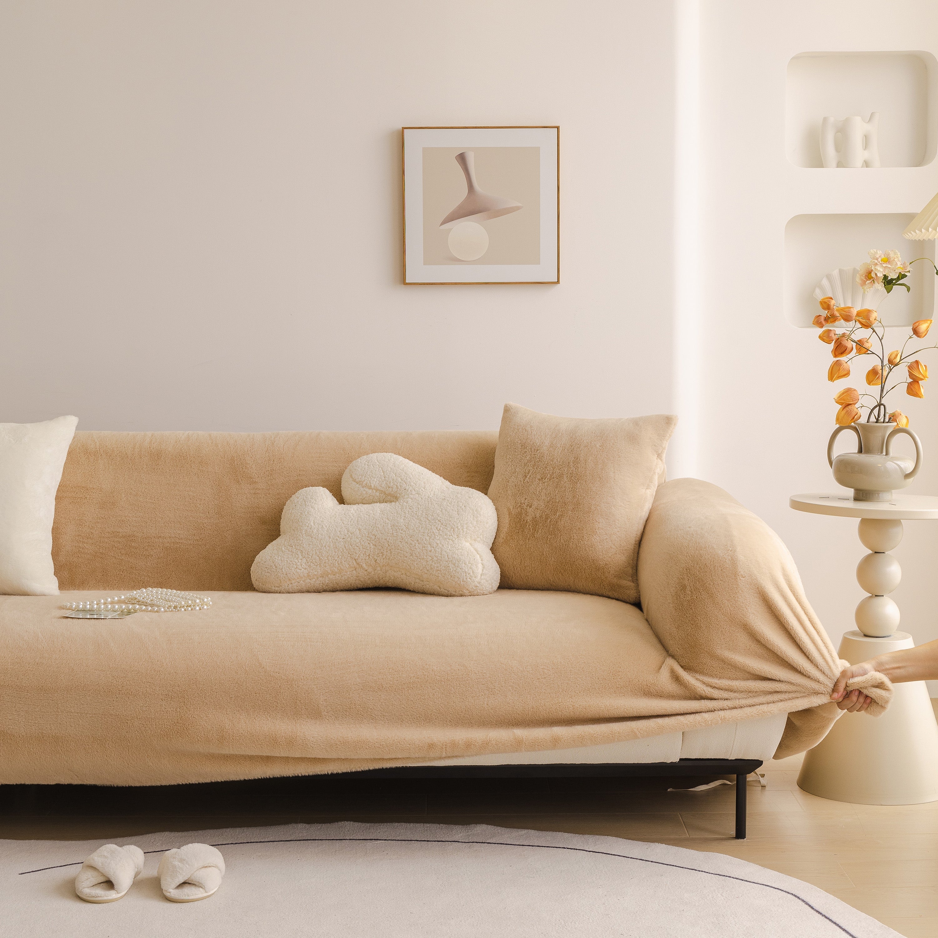 Soft Plush Warm Sofa Cover Stretchable Cozy Velvet Couch Protector For Fall & Winter