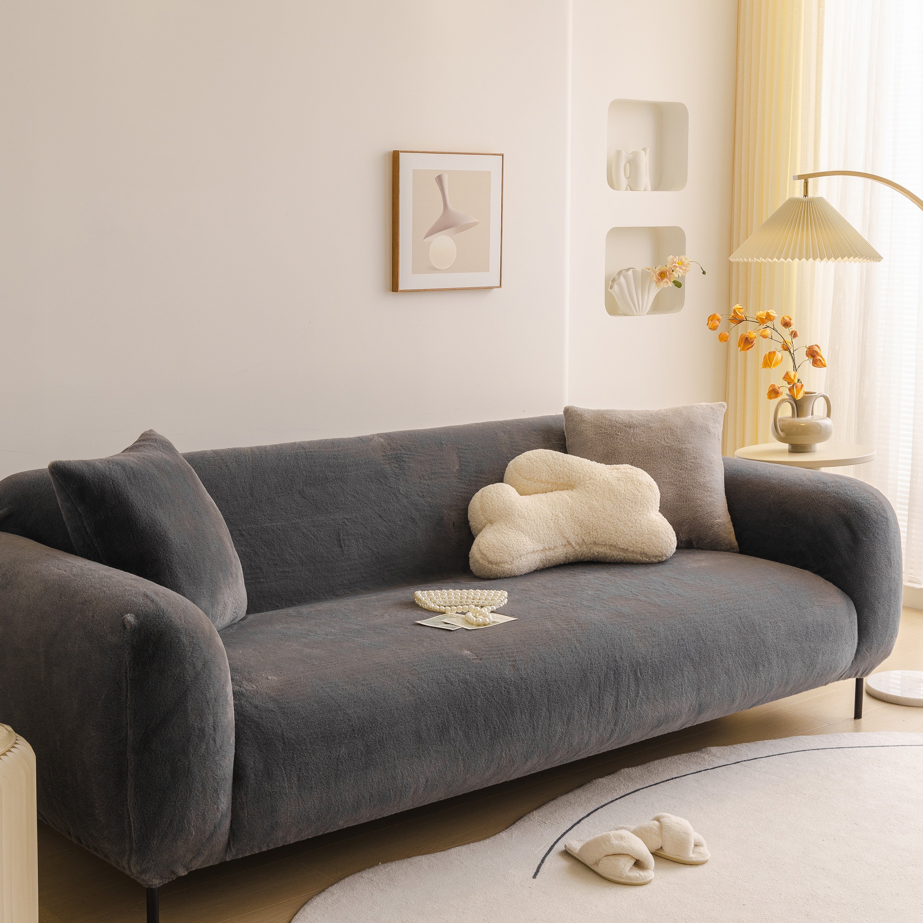 Soft Plush Warm Sofa Cover Stretchable Cozy Velvet Couch Protector For Fall & Winter