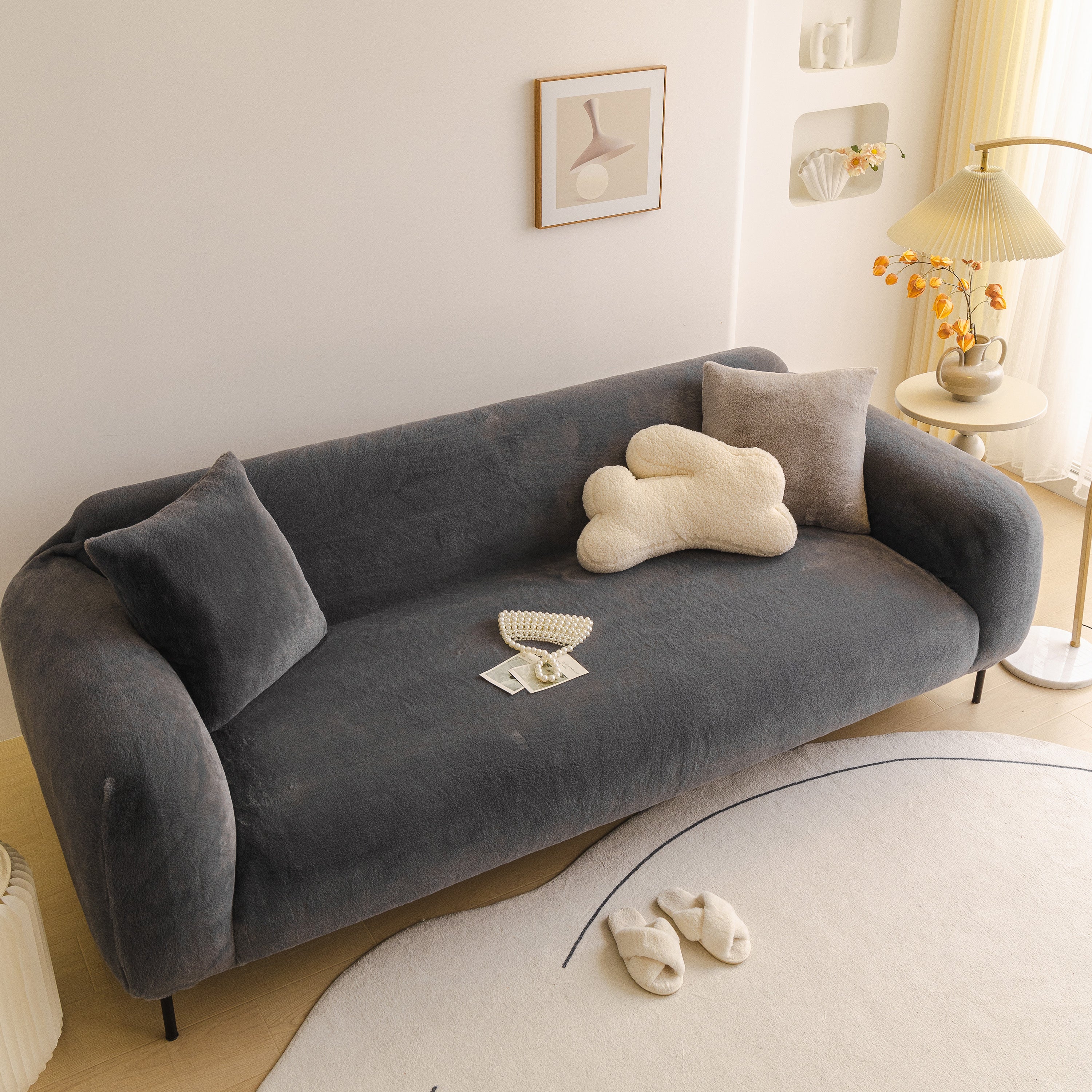 Soft Plush Warm Sofa Cover Stretchable Cozy Velvet Couch Protector For Fall & Winter