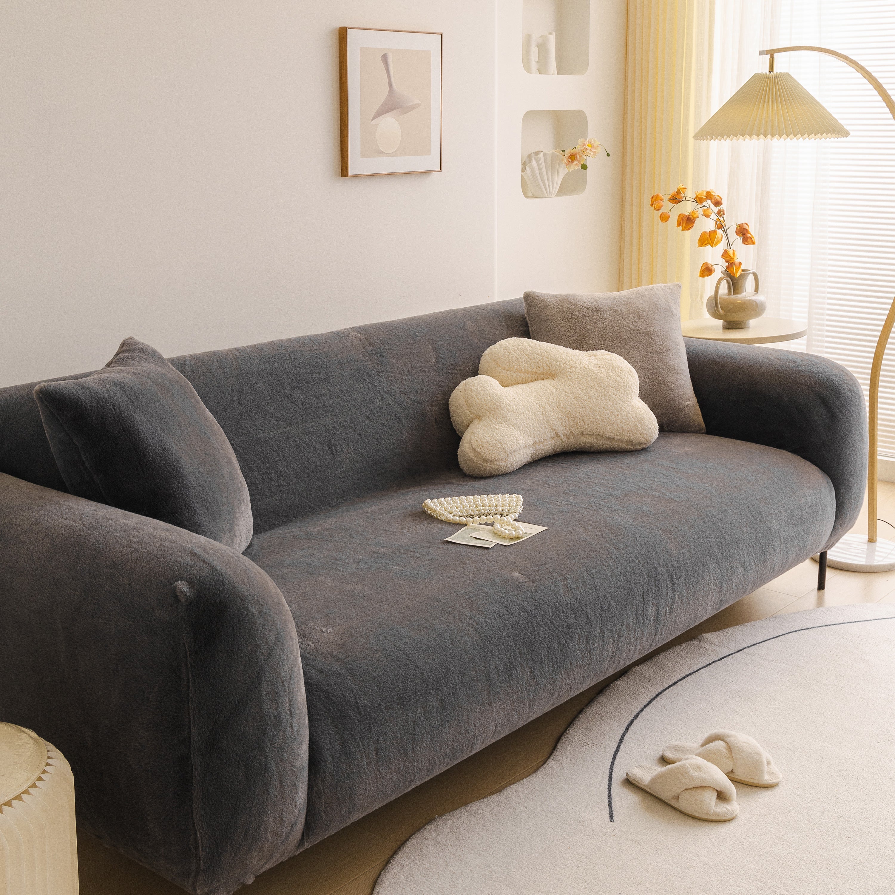 Soft Plush Warm Sofa Cover Stretchable Cozy Velvet Couch Protector For Fall & Winter