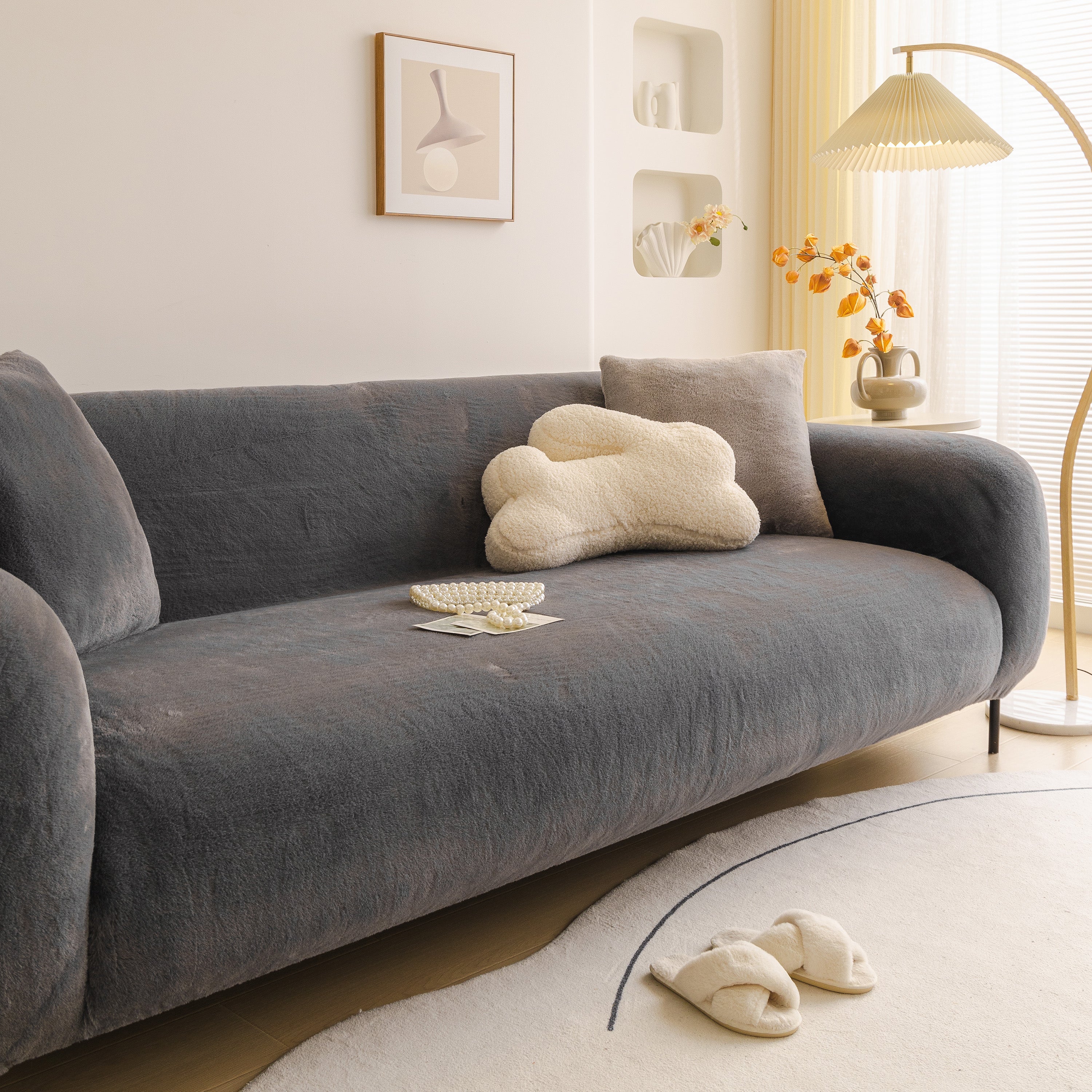 Soft Plush Warm Sofa Cover Stretchable Cozy Velvet Couch Protector For Fall & Winter