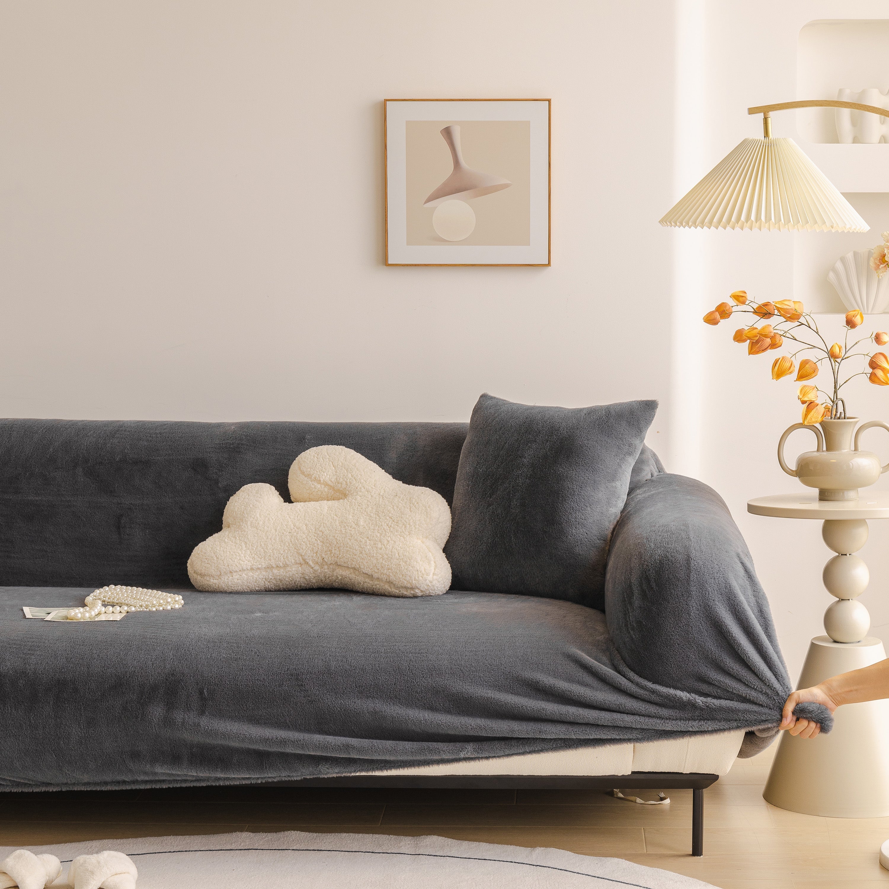 Soft Plush Warm Sofa Cover Stretchable Cozy Velvet Couch Protector For Fall & Winter