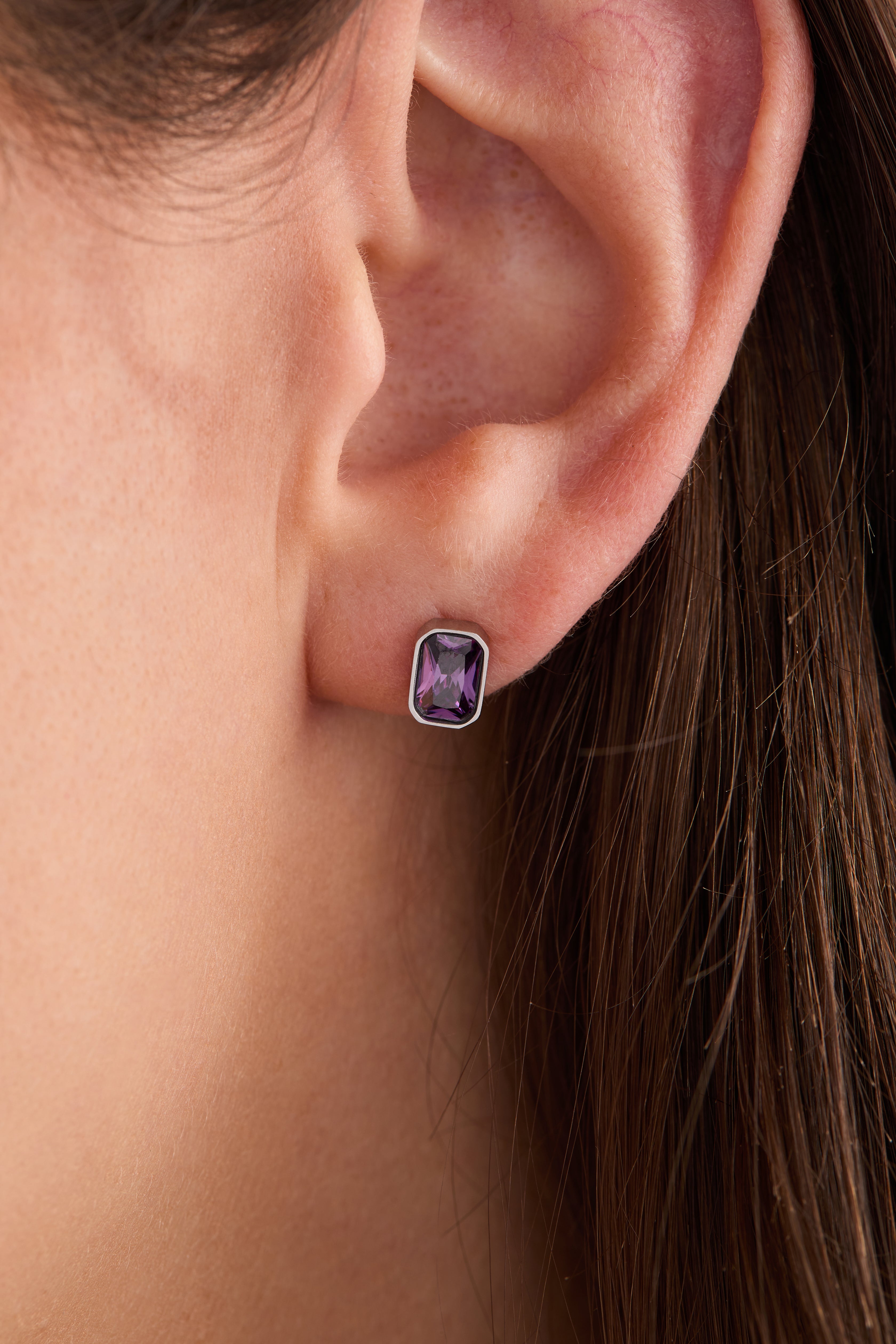 February Emerald-cut Birthstone Stud Earrings