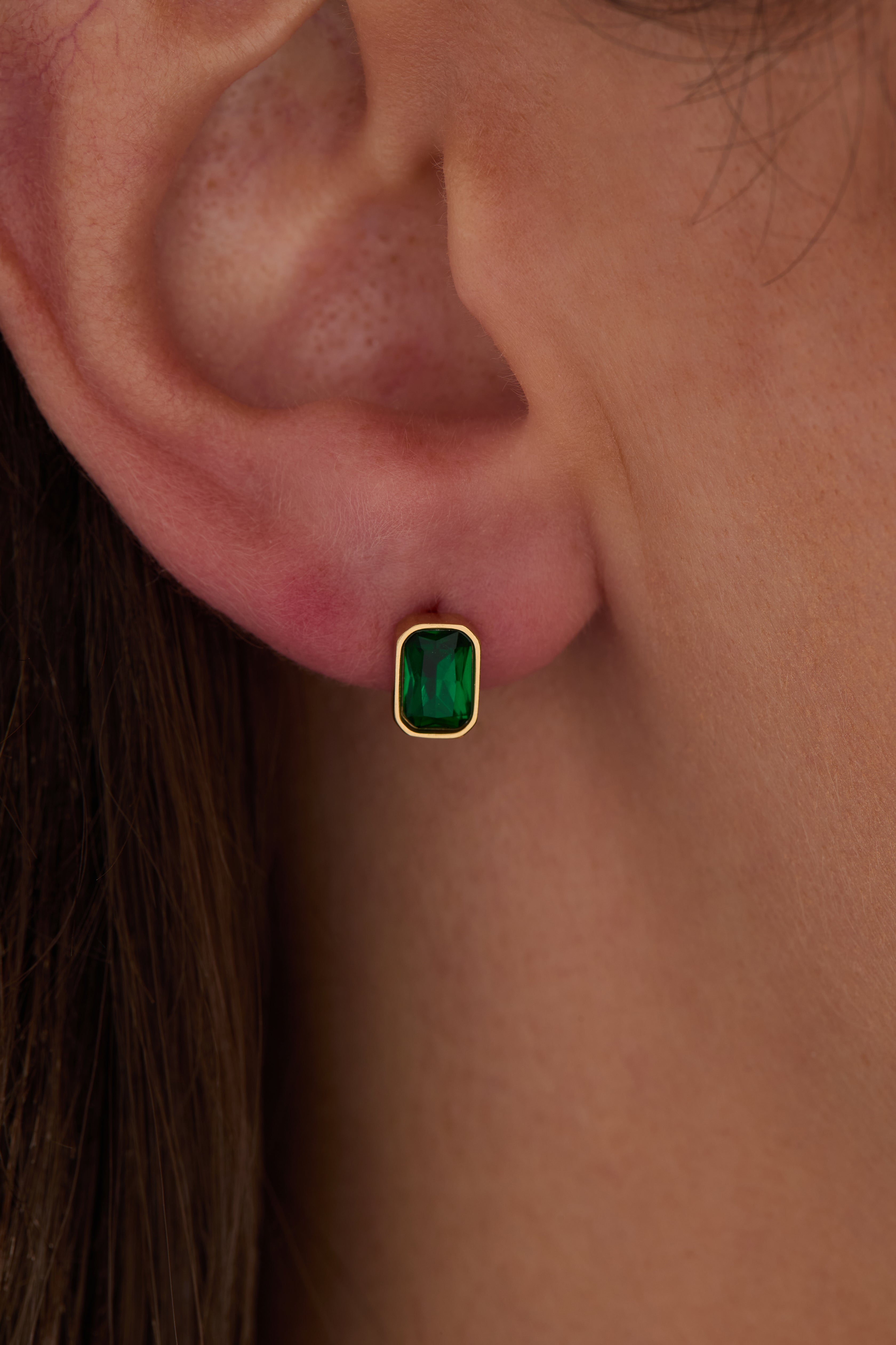 May Emerald-cut Birthstone Stud Earrings