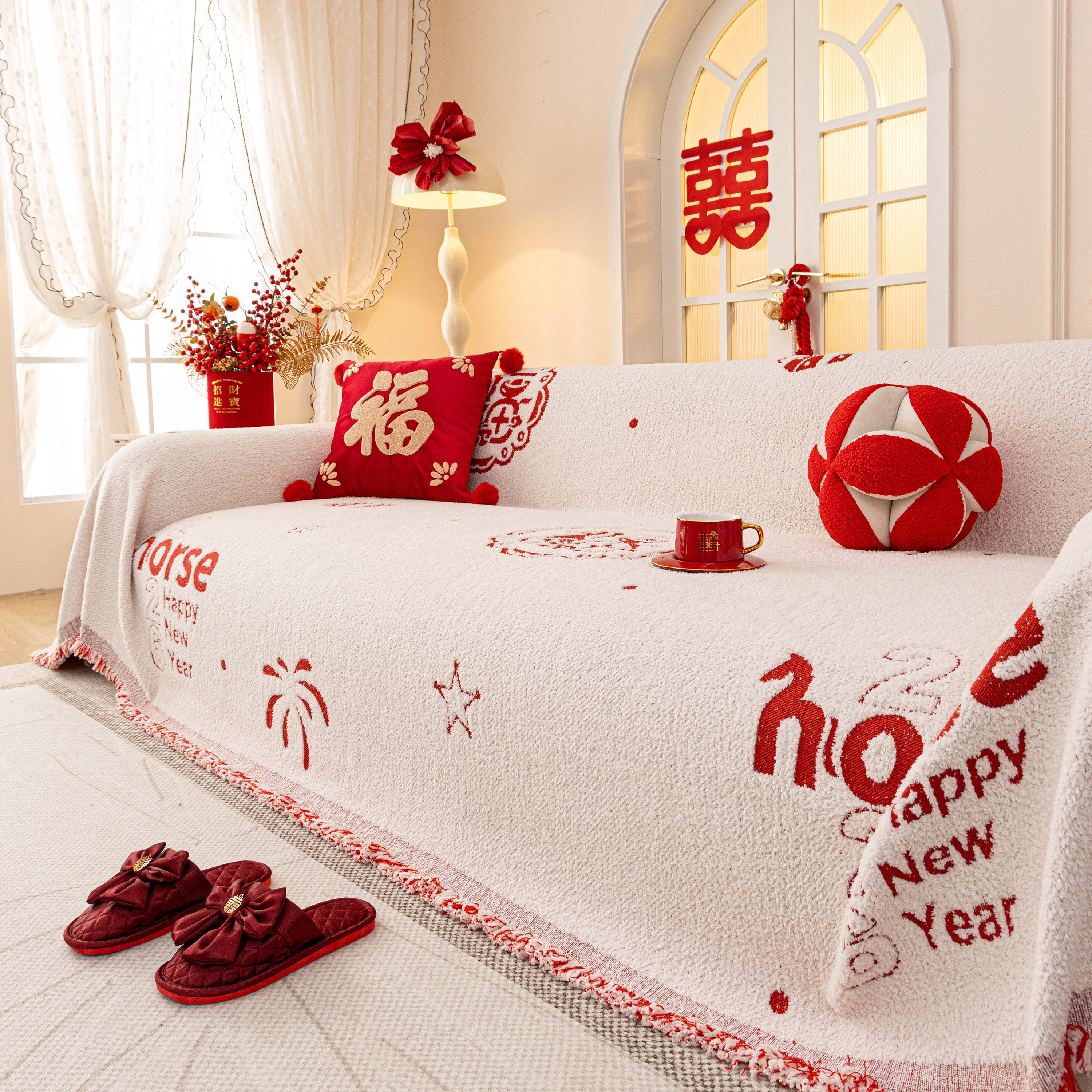 Chinese New Year Sofa Throw Cover Blanket, Decor Festive Red Fu Pattern Couch Cover