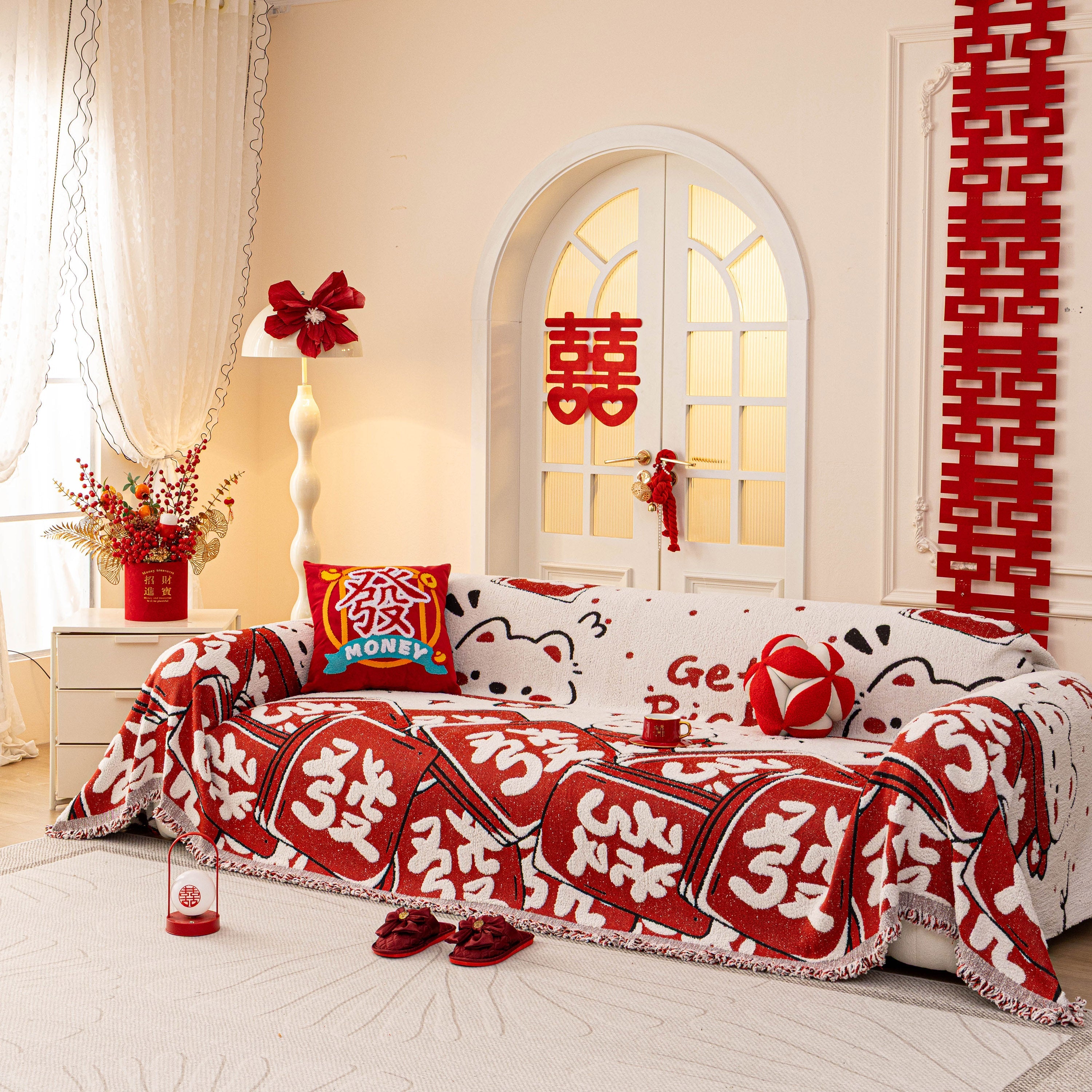 Chinese New Year Sofa Throw Cover Blanket, Decor Festive Red Fu Pattern Couch Cover