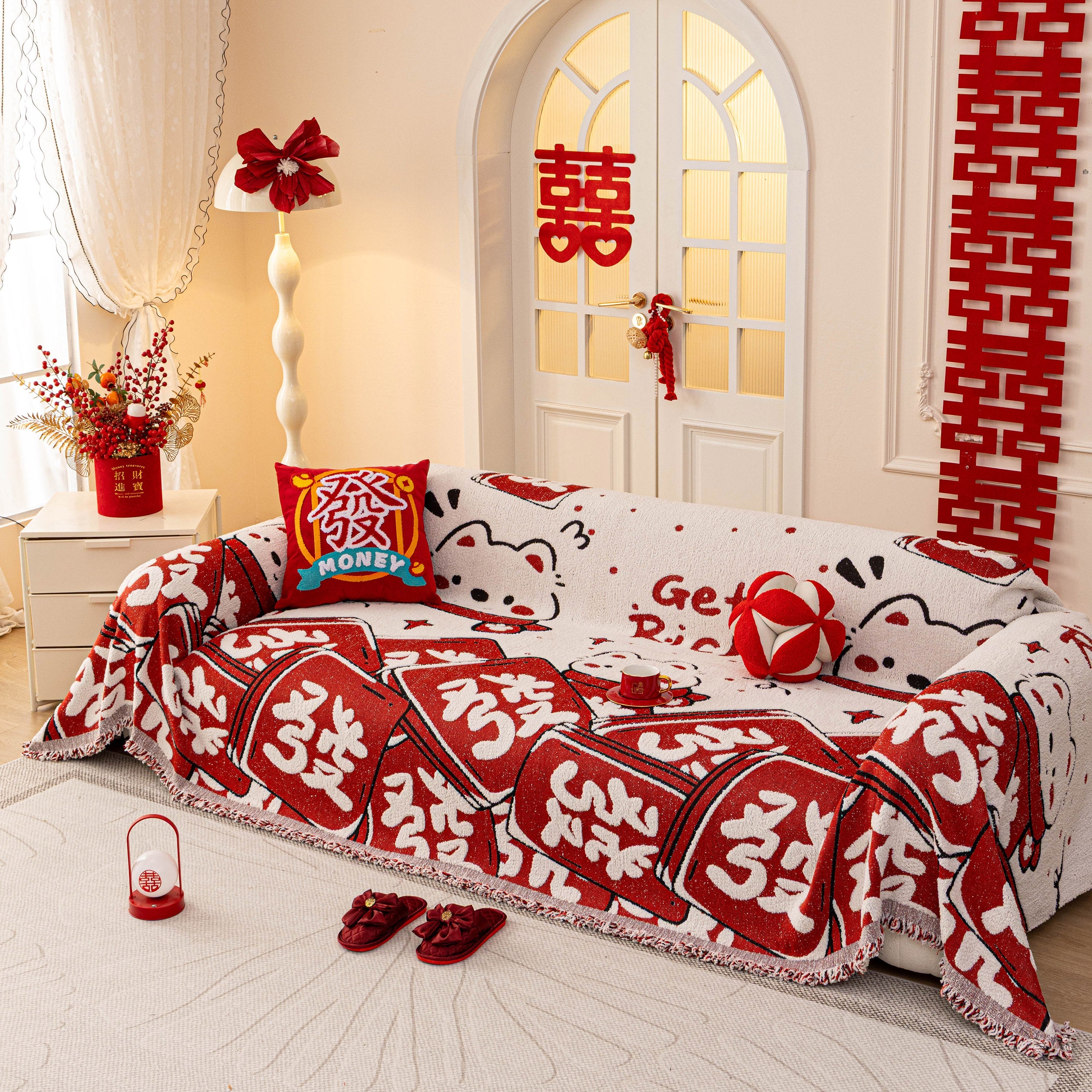 Chinese New Year Sofa Throw Cover Blanket, Decor Festive Red Fu Pattern Couch Cover