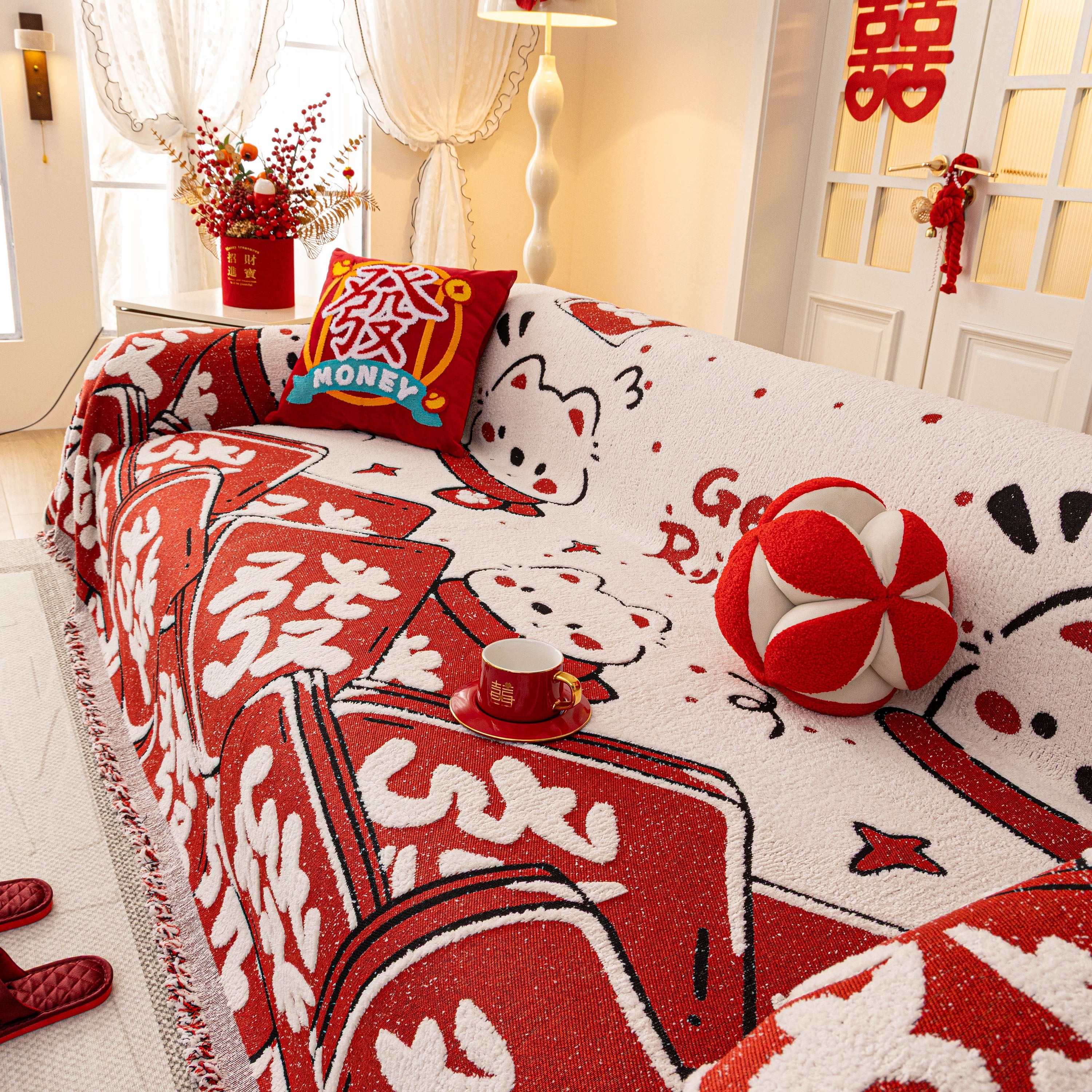 Chinese New Year Sofa Throw Cover Blanket, Decor Festive Red Fu Pattern Couch Cover