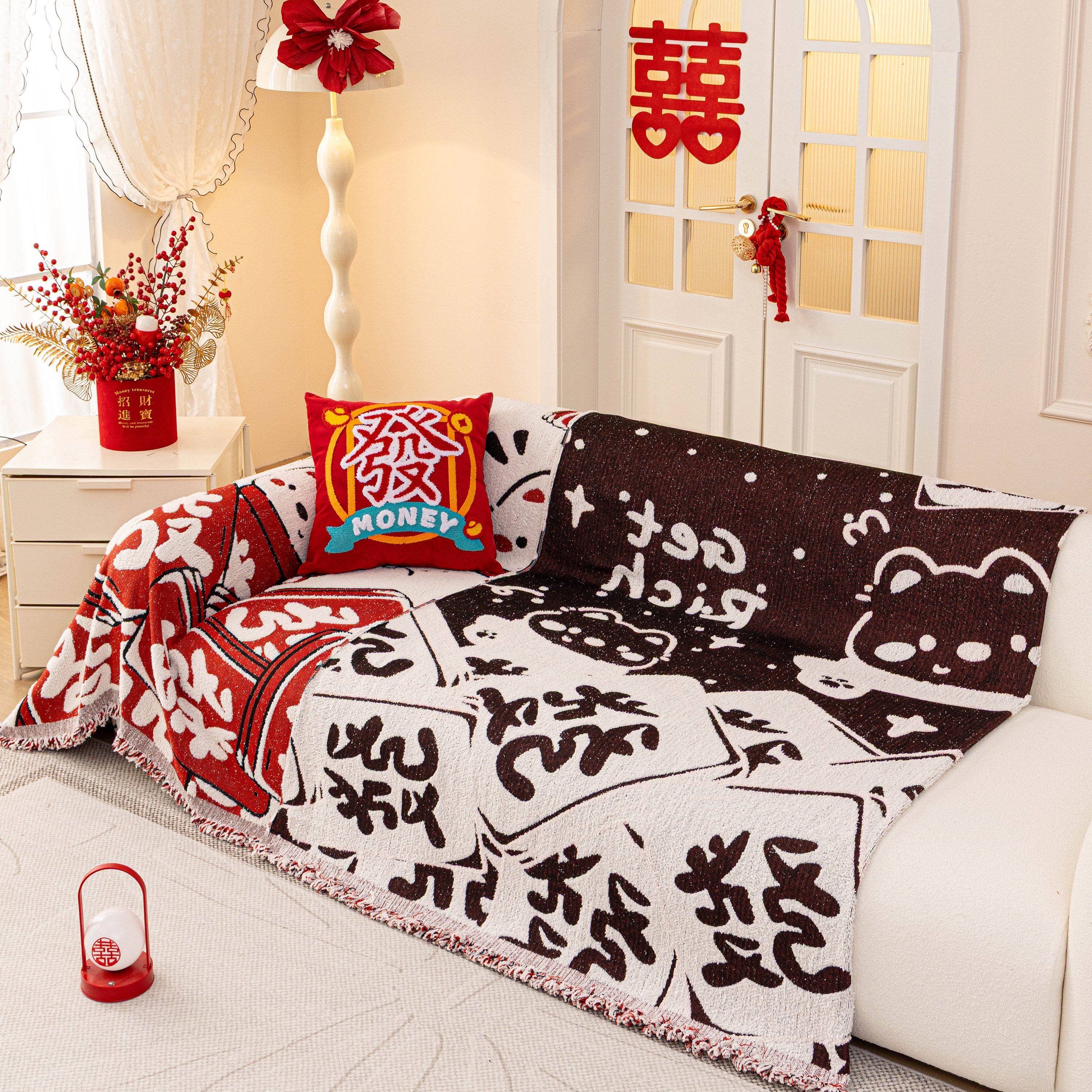 Chinese New Year Sofa Throw Cover Blanket, Decor Festive Red Fu Pattern Couch Cover
