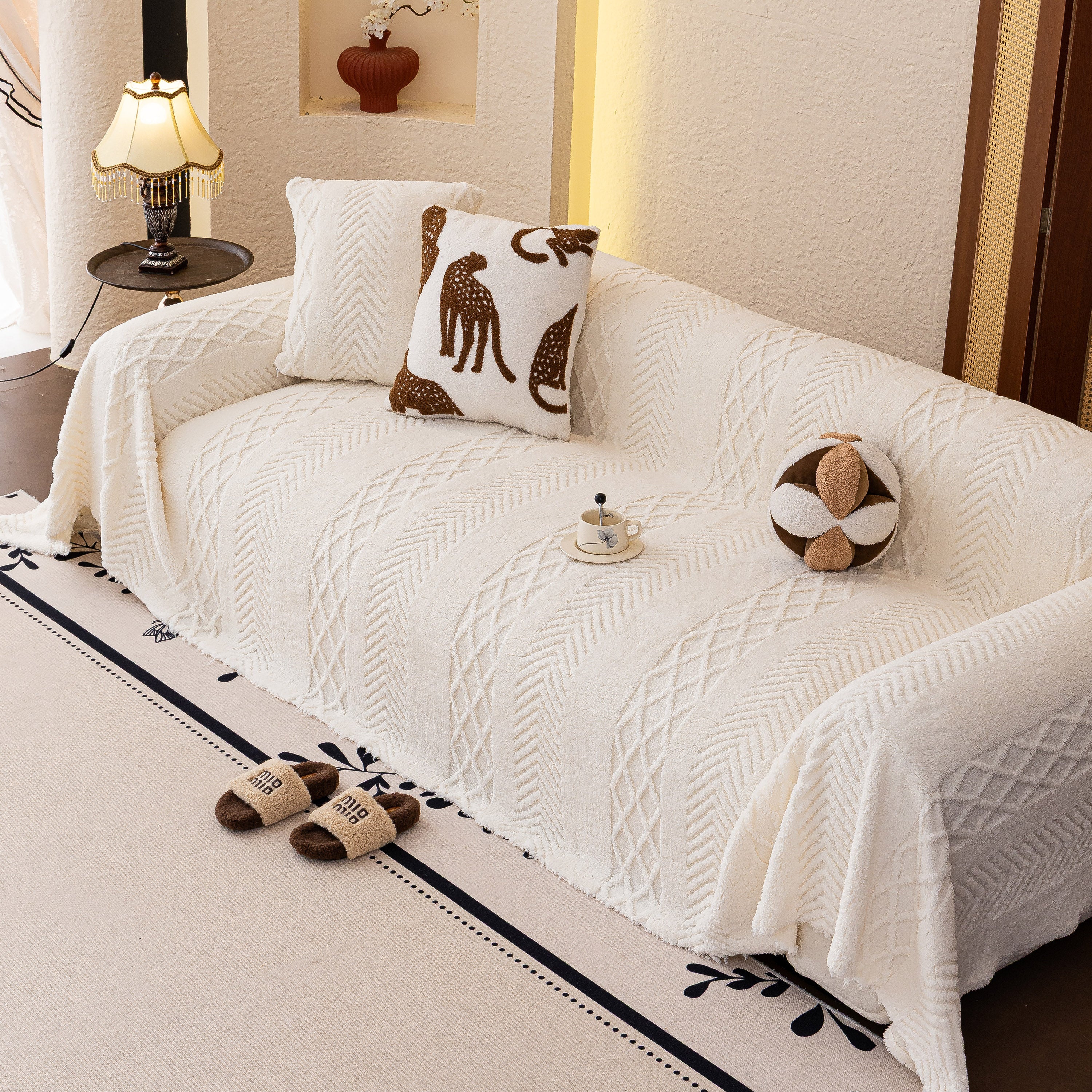 Plush Fleece Sofa Cover With 3d Cable Knit Texture Soft Cozy Warm Sofa Throw Blanket