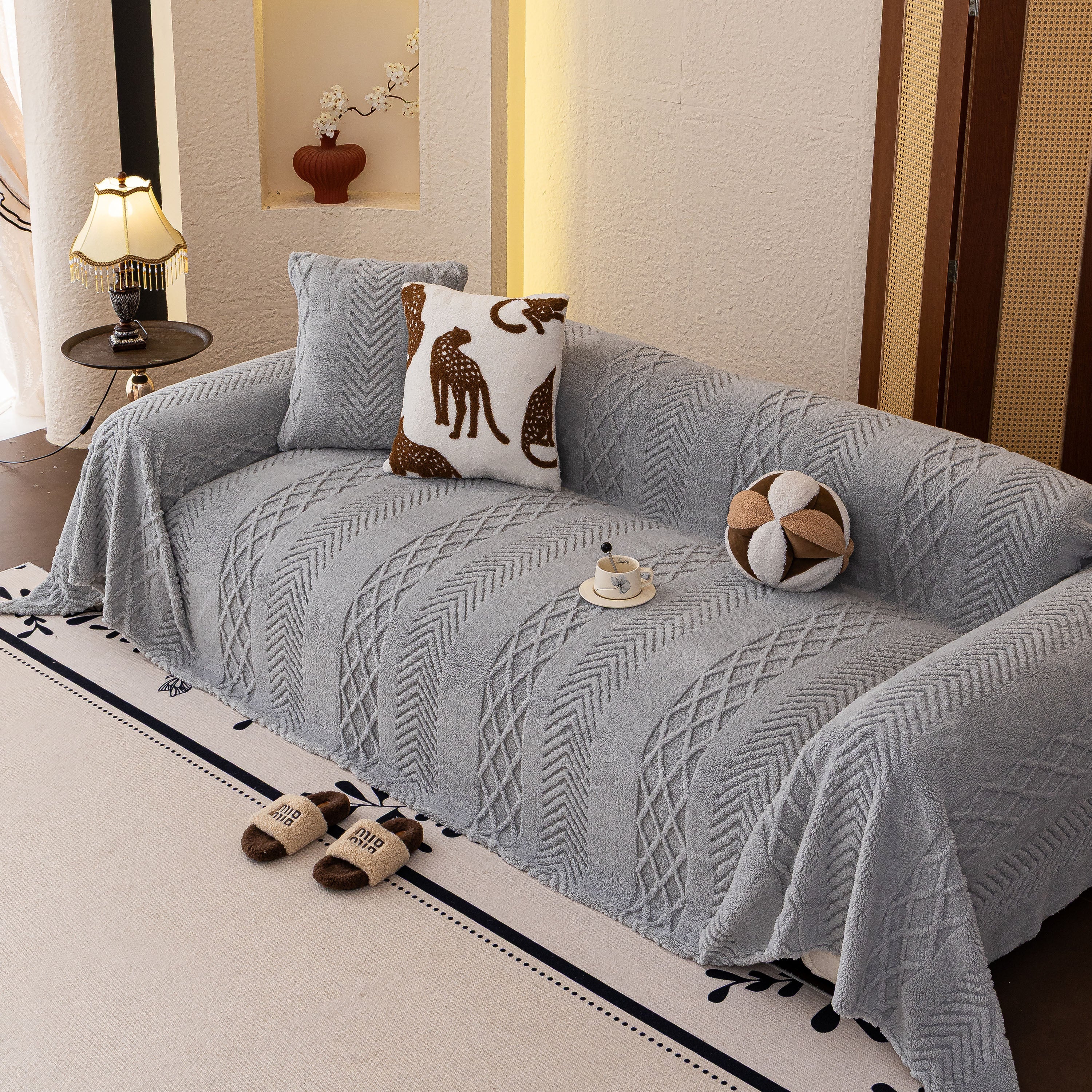 Plush Fleece Sofa Cover With 3d Cable Knit Texture Soft Cozy Warm Sofa Throw Blanket