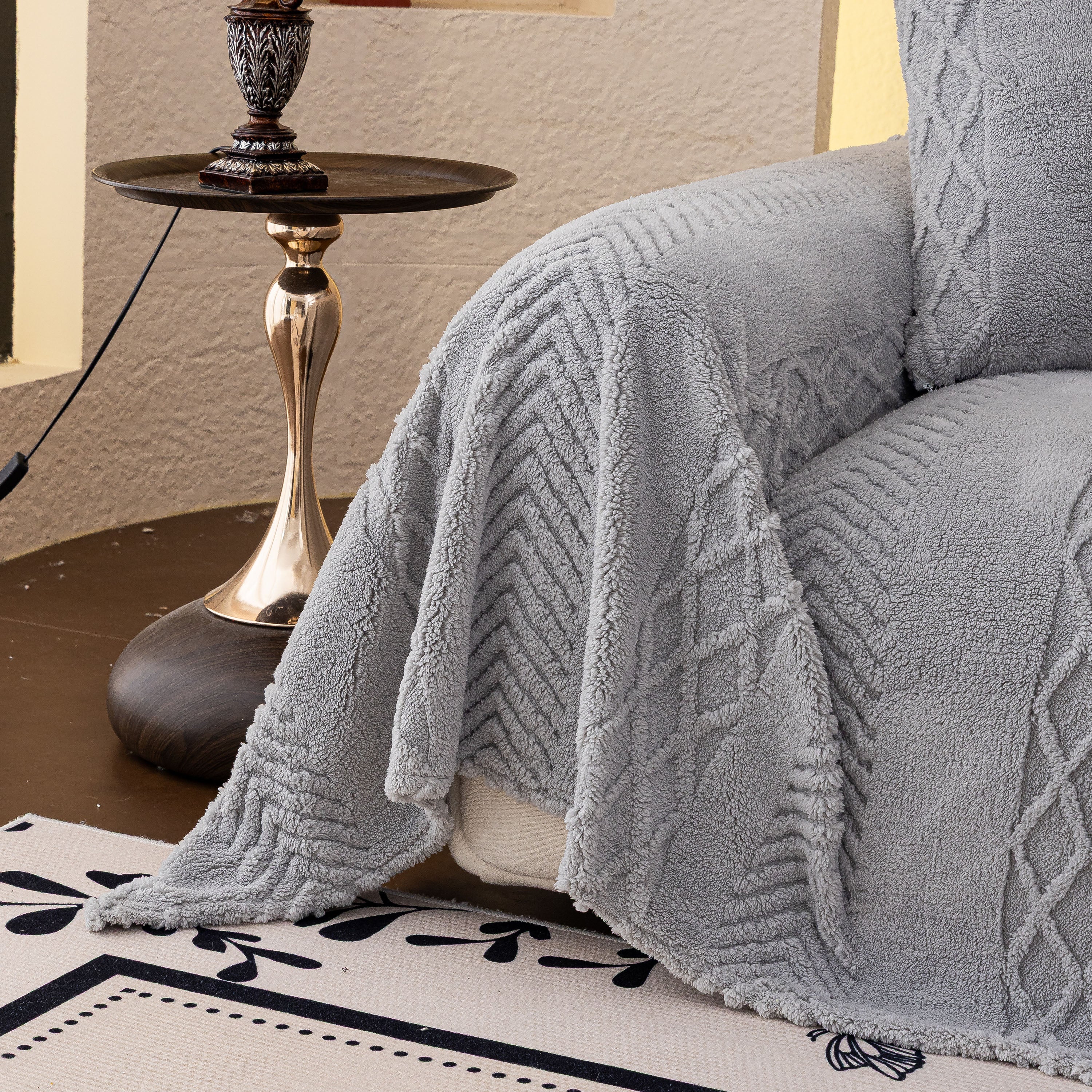 Plush Fleece Sofa Cover With 3d Cable Knit Texture Soft Cozy Warm Sofa Throw Blanket