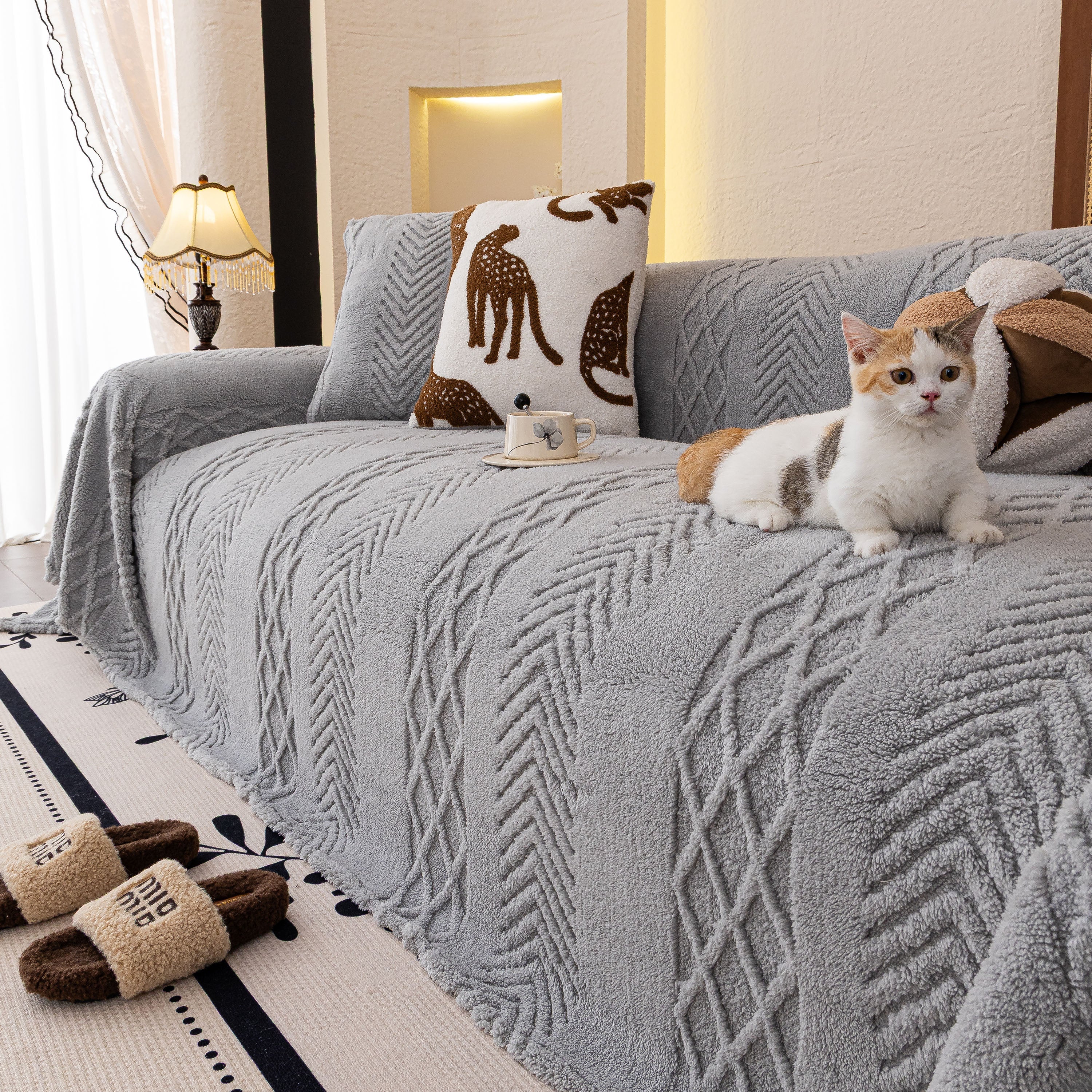 Plush Fleece Sofa Cover With 3d Cable Knit Texture Soft Cozy Warm Sofa Throw Blanket