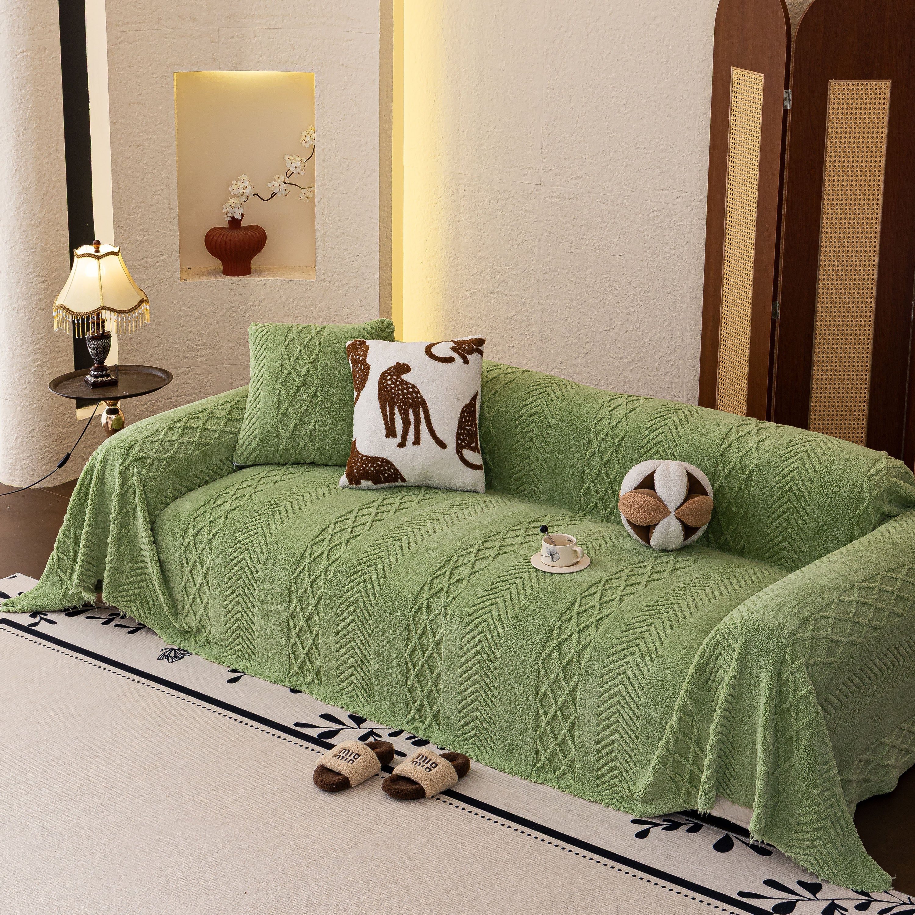 Plush Fleece Sofa Cover With 3d Cable Knit Texture Soft Cozy Warm Sofa Throw Blanket