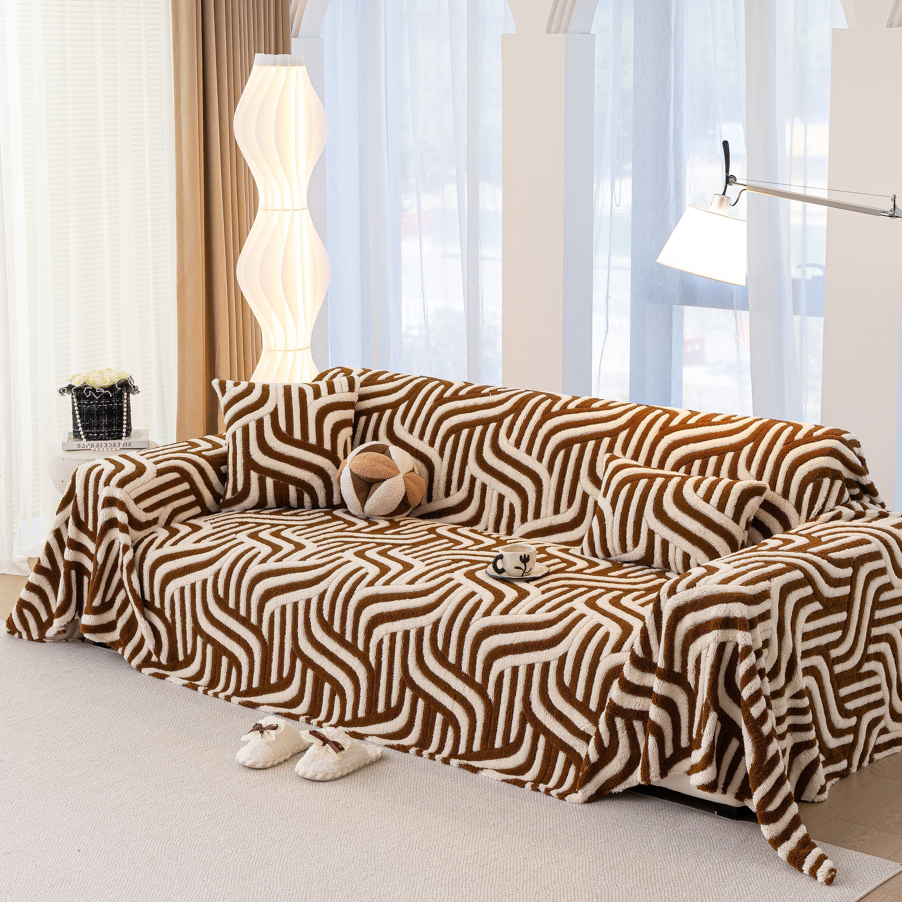 Plush Sherpa Sofa Throw Cover For Sectional, Jacquard Wave Throw Furniture Protector