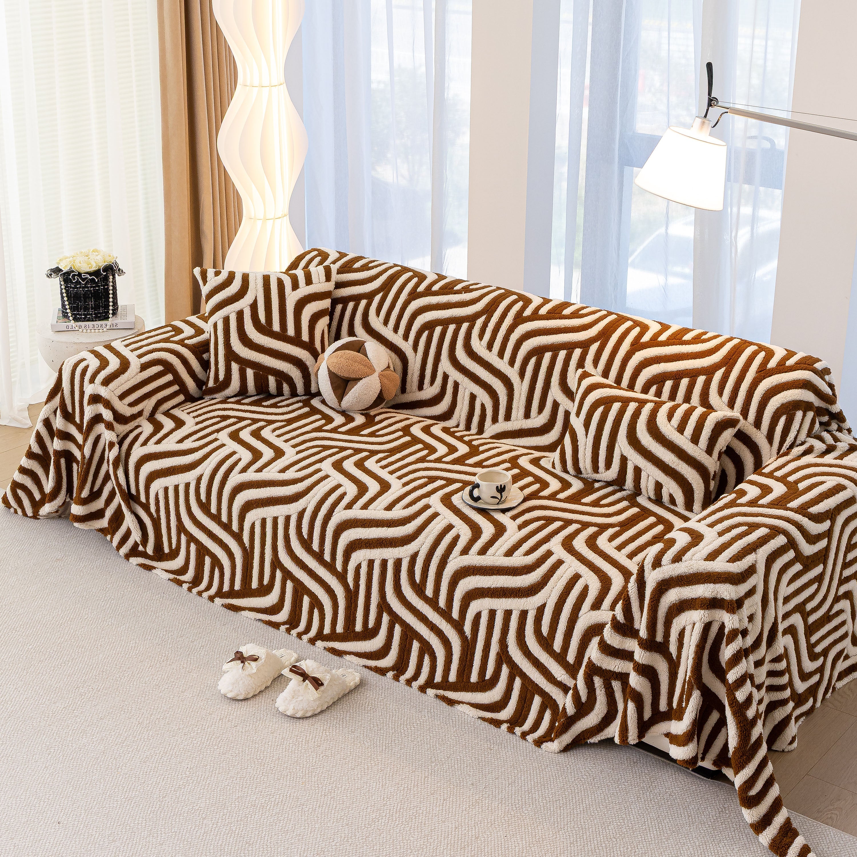 Plush Sherpa Sofa Throw Cover For Sectional, Jacquard Wave Throw Furniture Protector