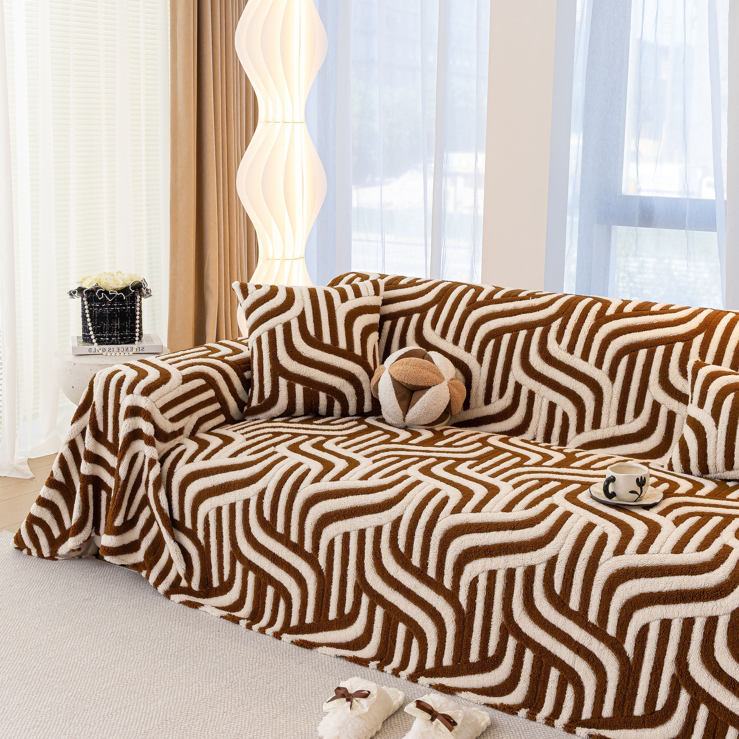 Plush Sherpa Sofa Throw Cover For Sectional, Jacquard Wave Throw Furniture Protector