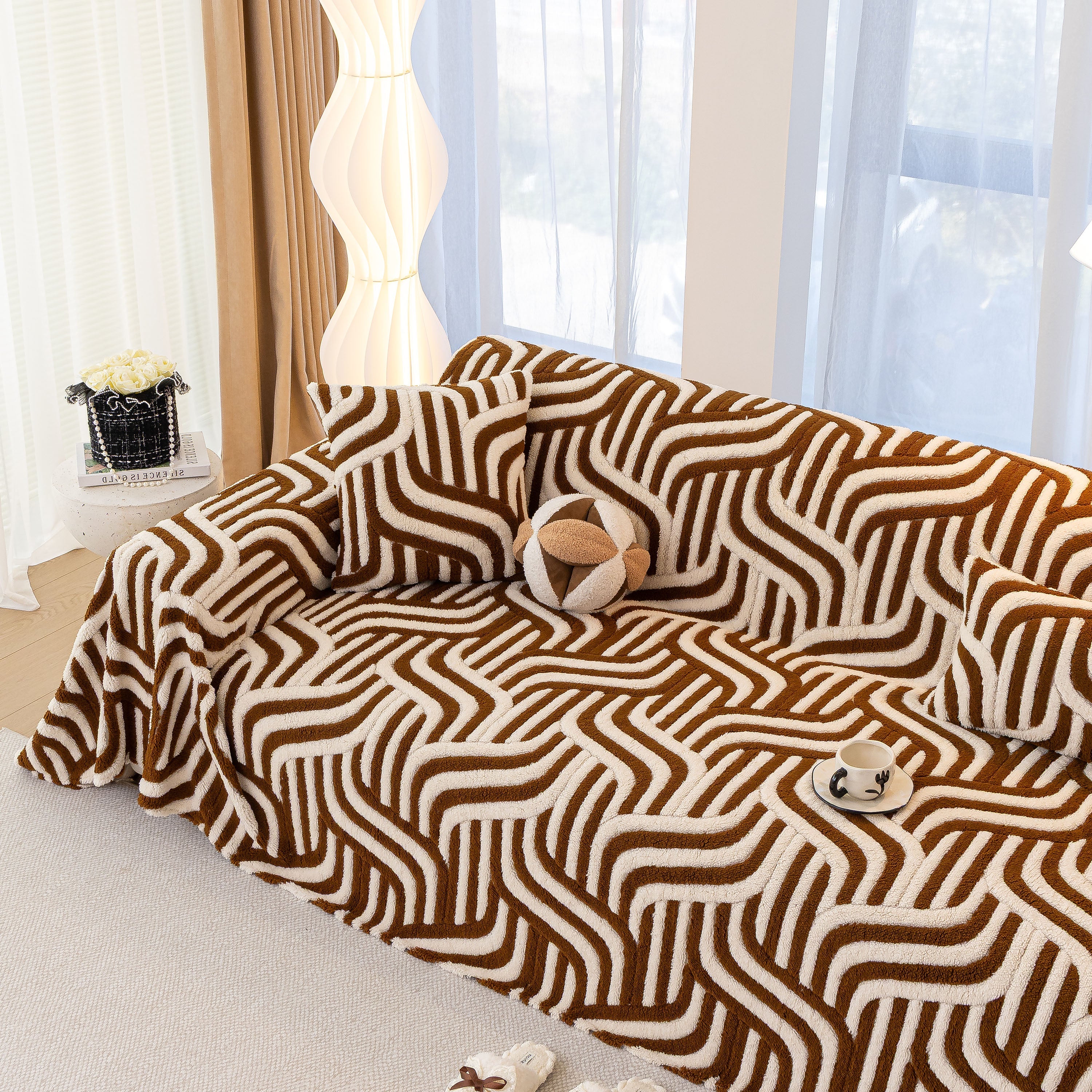 Plush Sherpa Sofa Throw Cover For Sectional, Jacquard Wave Throw Furniture Protector