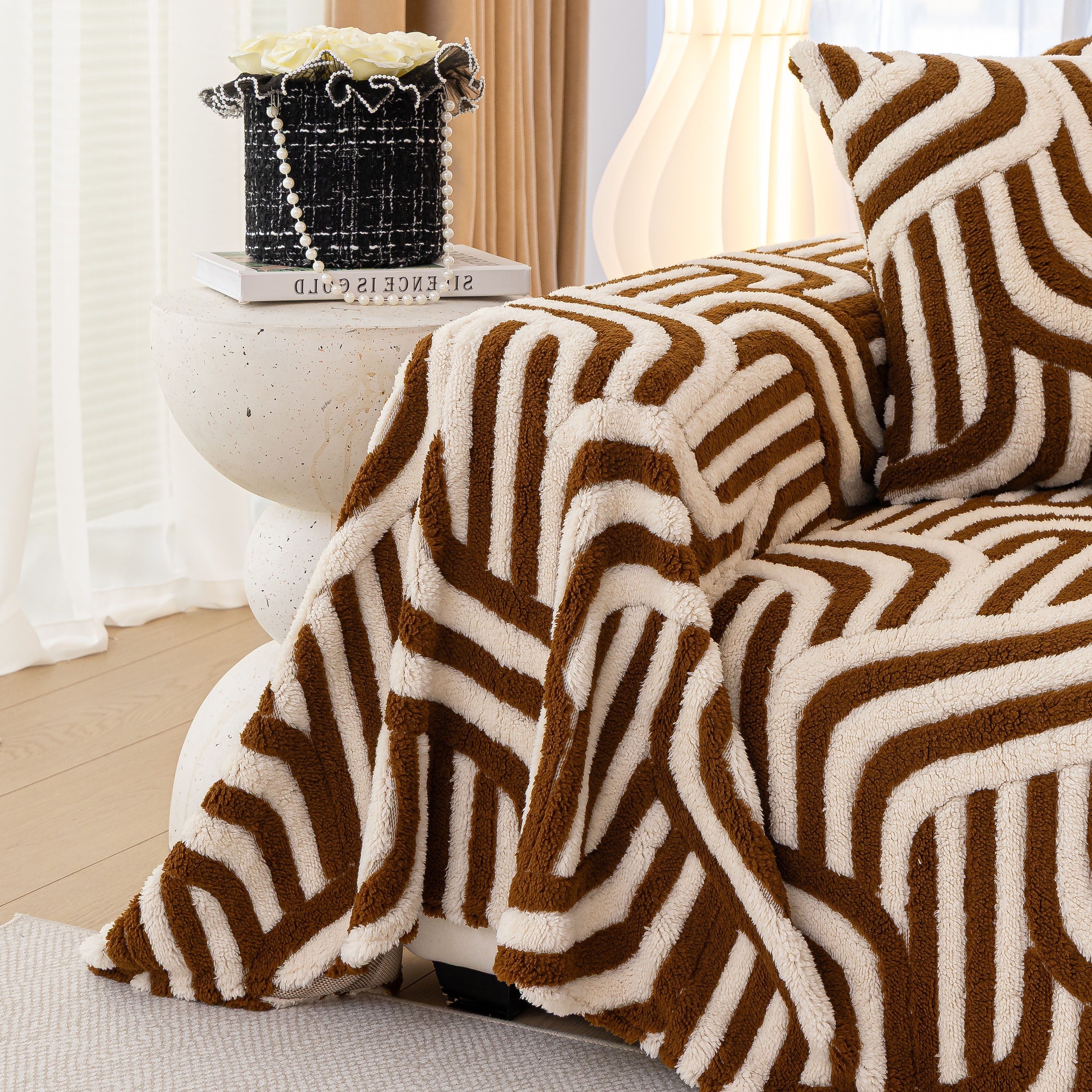 Plush Sherpa Sofa Throw Cover For Sectional, Jacquard Wave Throw Furniture Protector