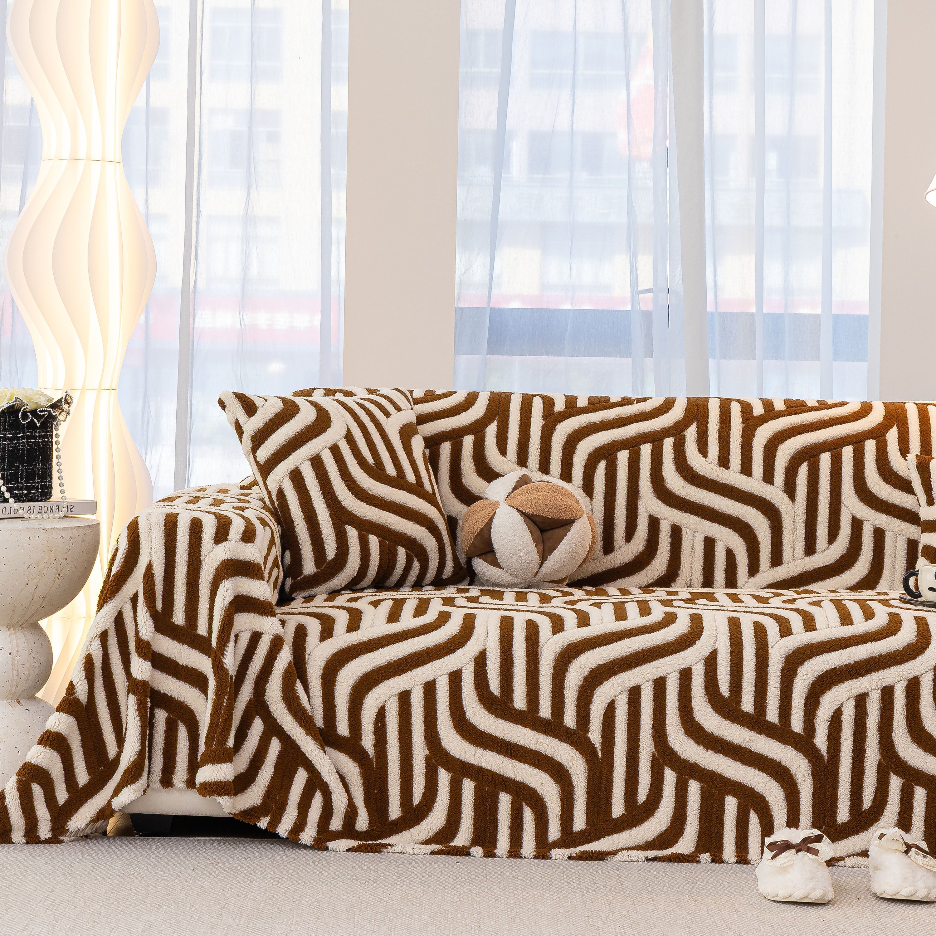 Plush Sherpa Sofa Throw Cover For Sectional, Jacquard Wave Throw Furniture Protector