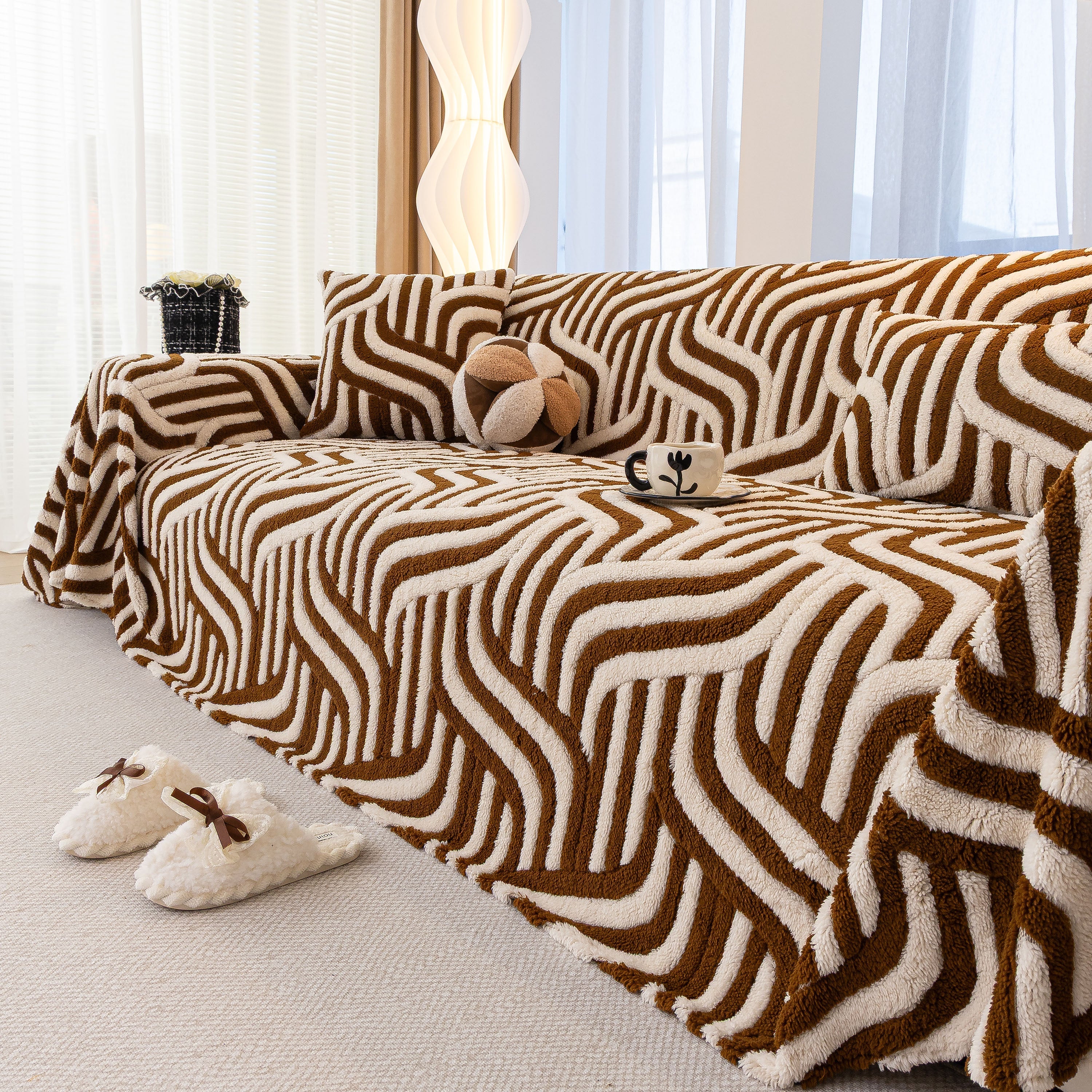 Plush Sherpa Sofa Throw Cover For Sectional, Jacquard Wave Throw Furniture Protector