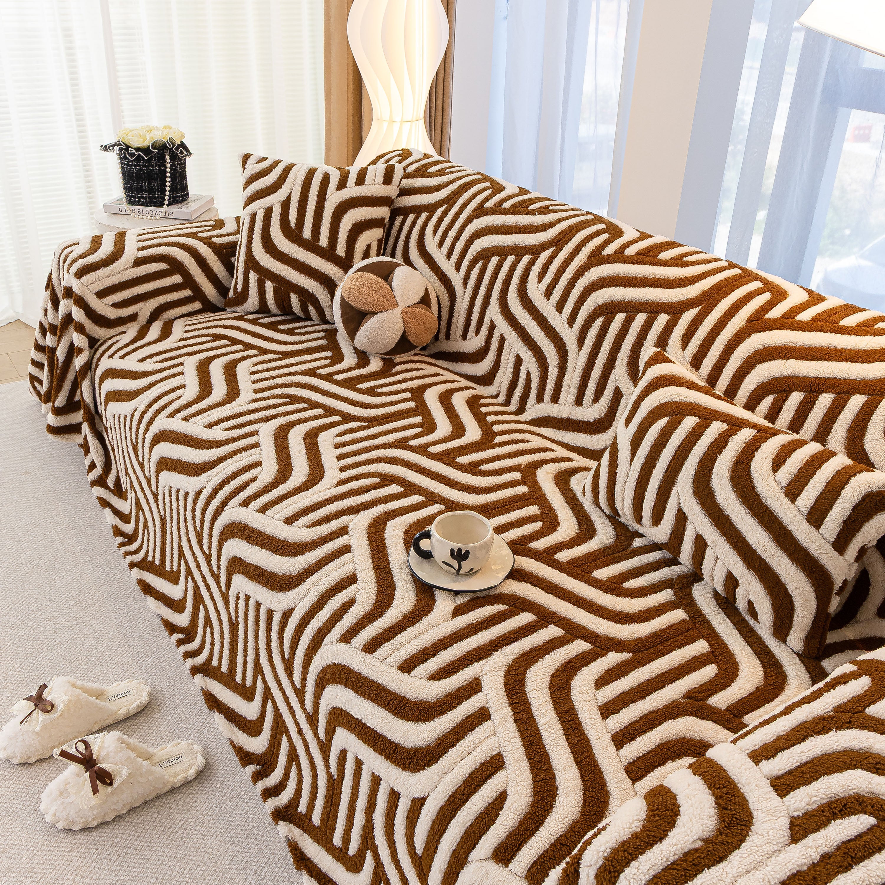 Plush Sherpa Sofa Throw Cover For Sectional, Jacquard Wave Throw Furniture Protector