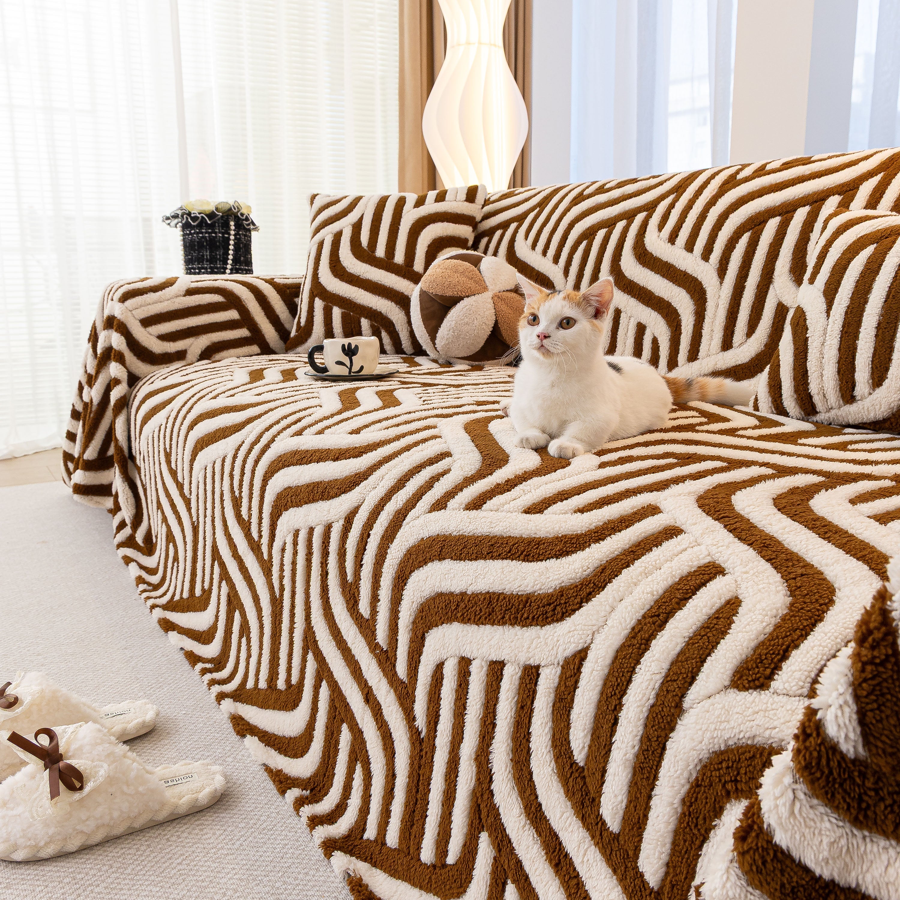 Plush Sherpa Sofa Throw Cover For Sectional, Jacquard Wave Throw Furniture Protector