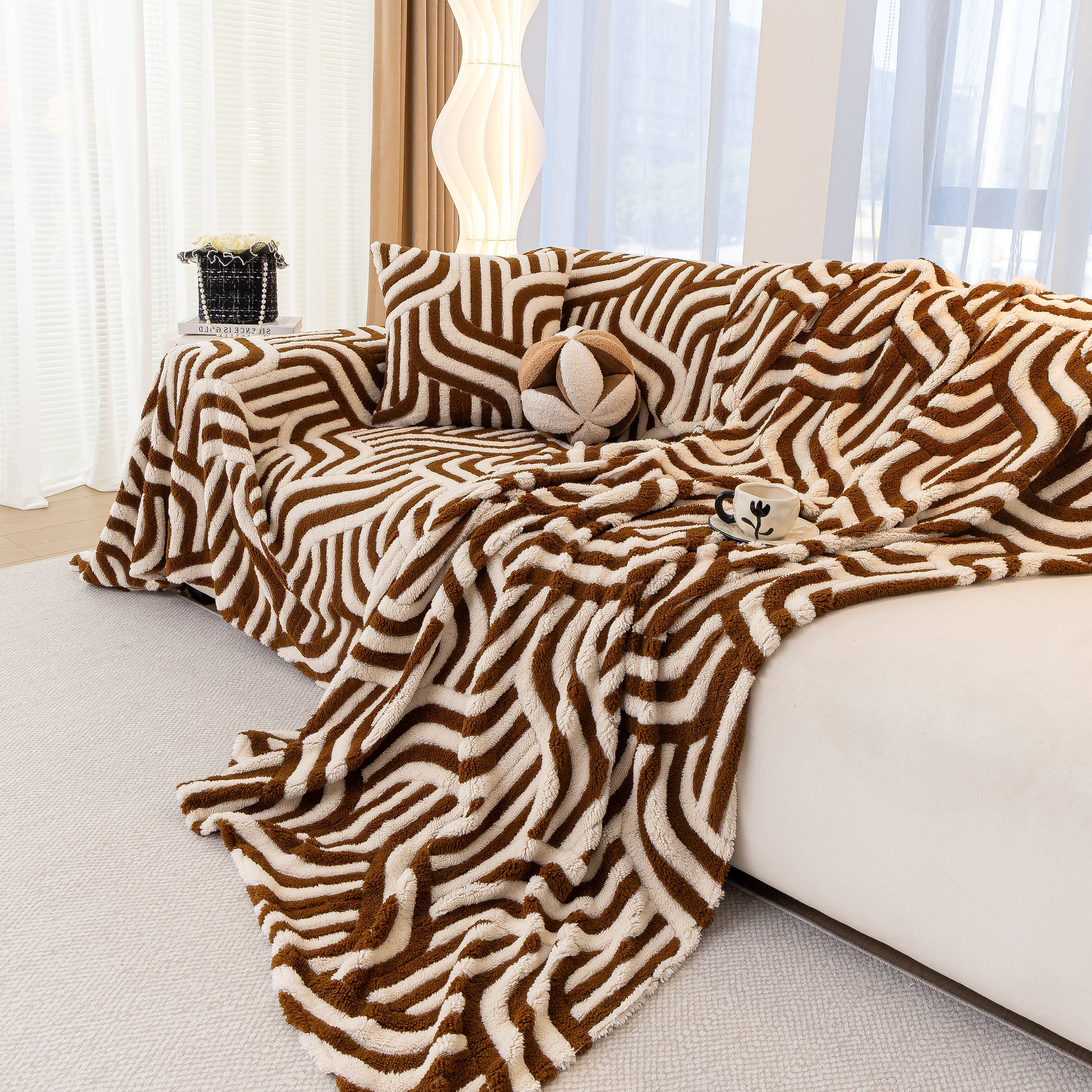 Plush Sherpa Sofa Throw Cover For Sectional, Jacquard Wave Throw Furniture Protector
