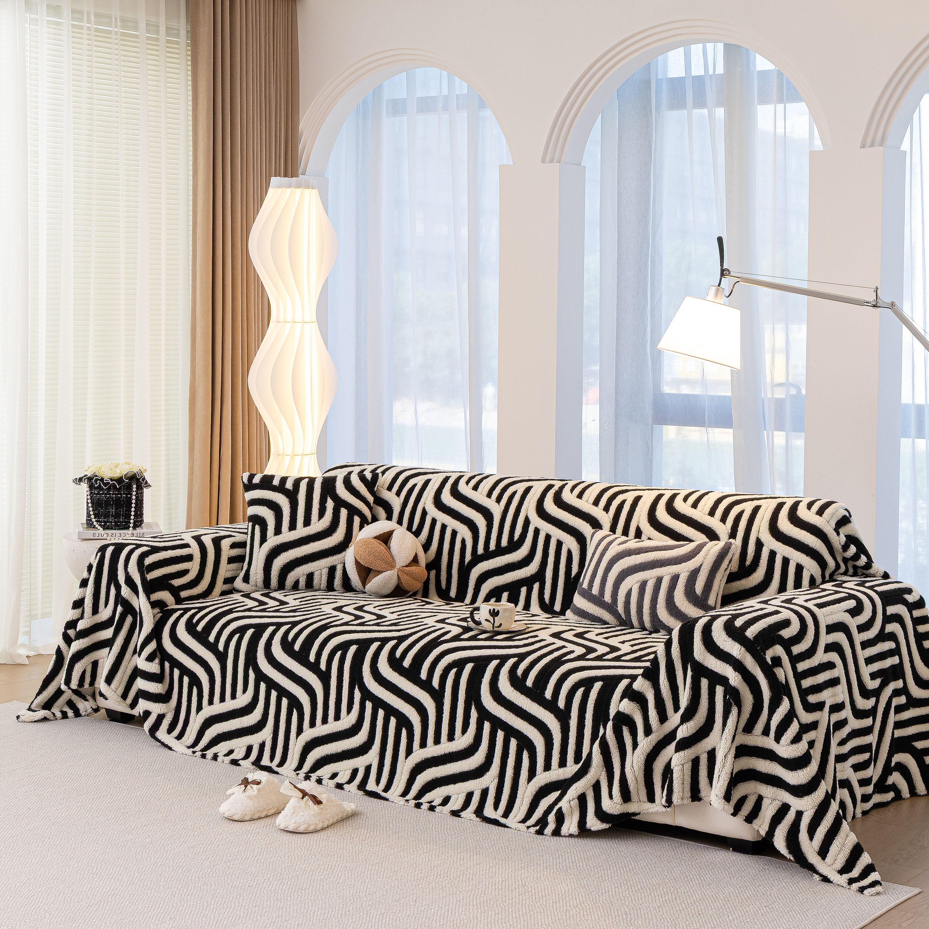 Plush Sherpa Sofa Throw Cover For Sectional, Jacquard Wave Throw Furniture Protector