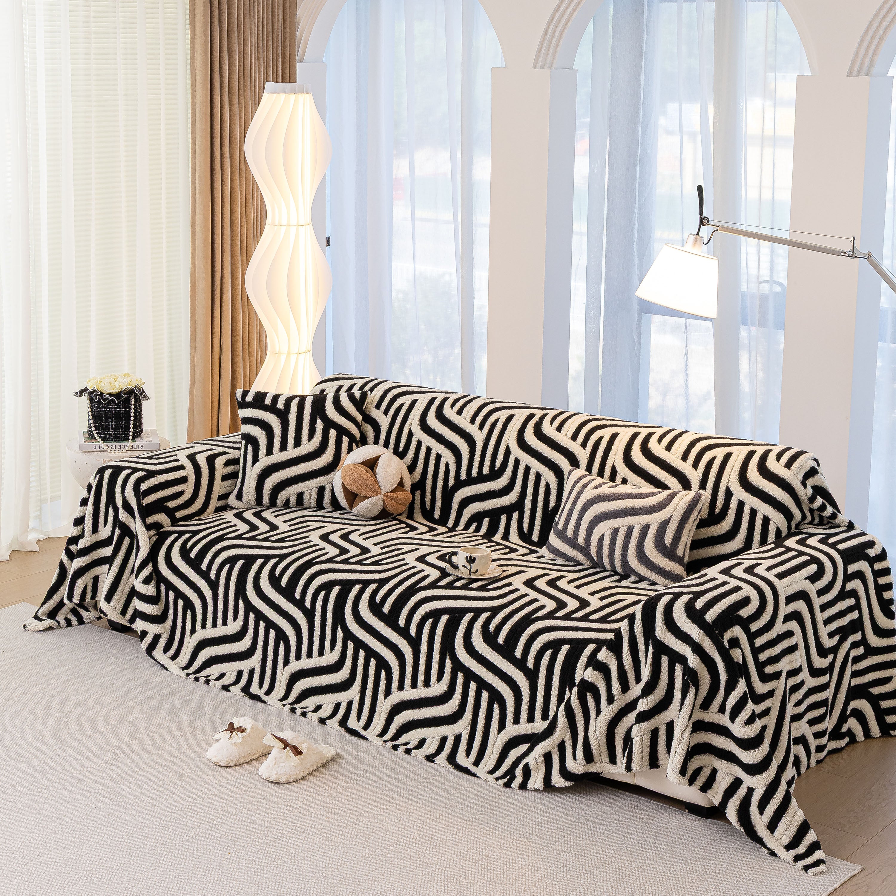 Plush Sherpa Sofa Throw Cover For Sectional, Jacquard Wave Throw Furniture Protector