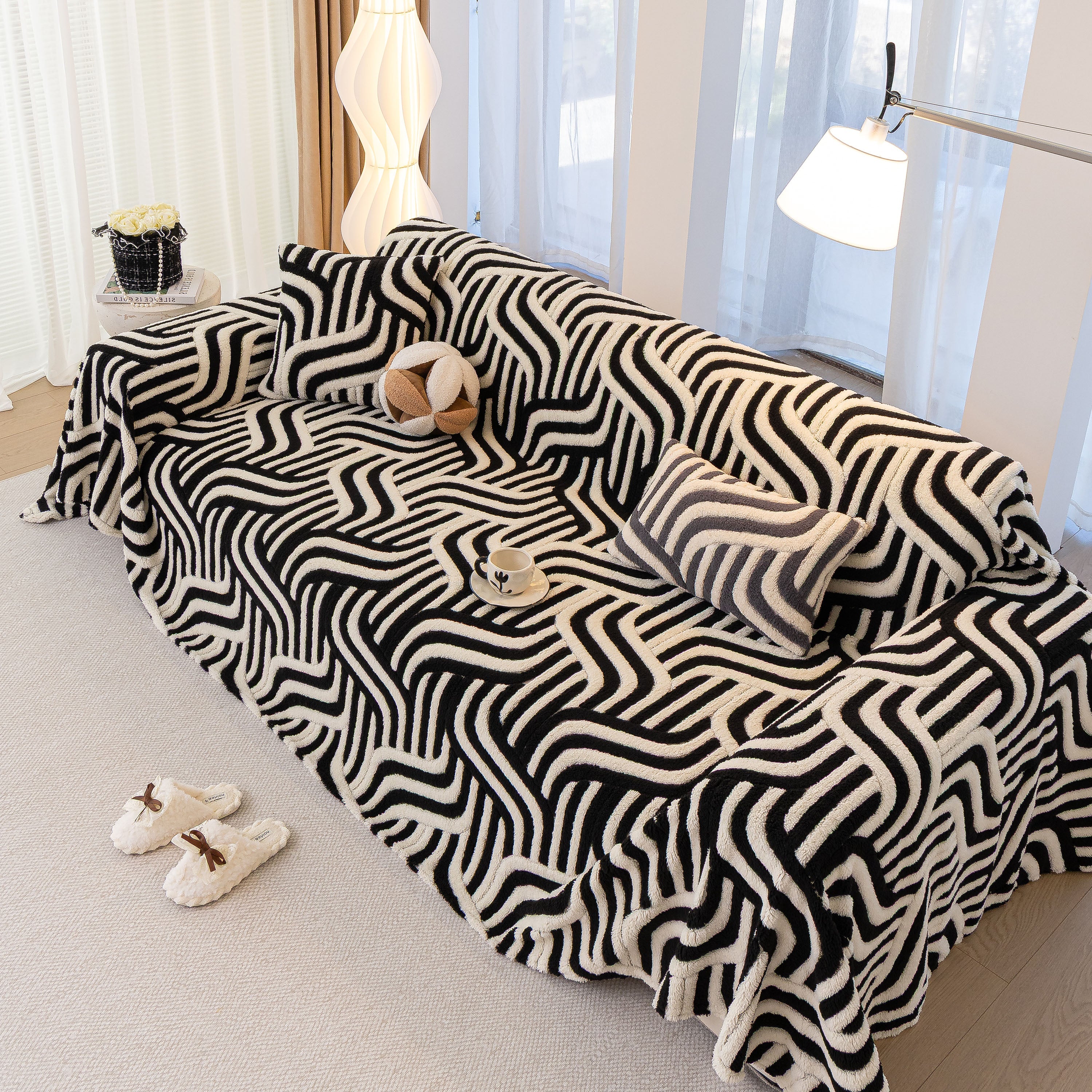 Plush Sherpa Sofa Throw Cover For Sectional, Jacquard Wave Throw Furniture Protector