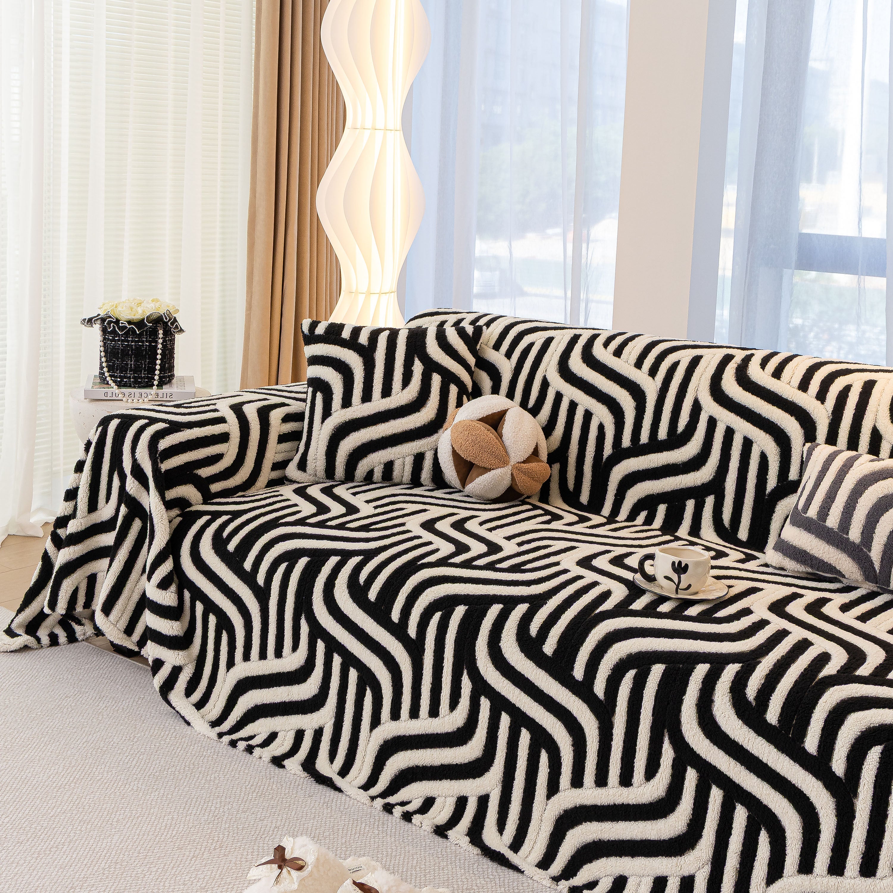 Plush Sherpa Sofa Throw Cover For Sectional, Jacquard Wave Throw Furniture Protector