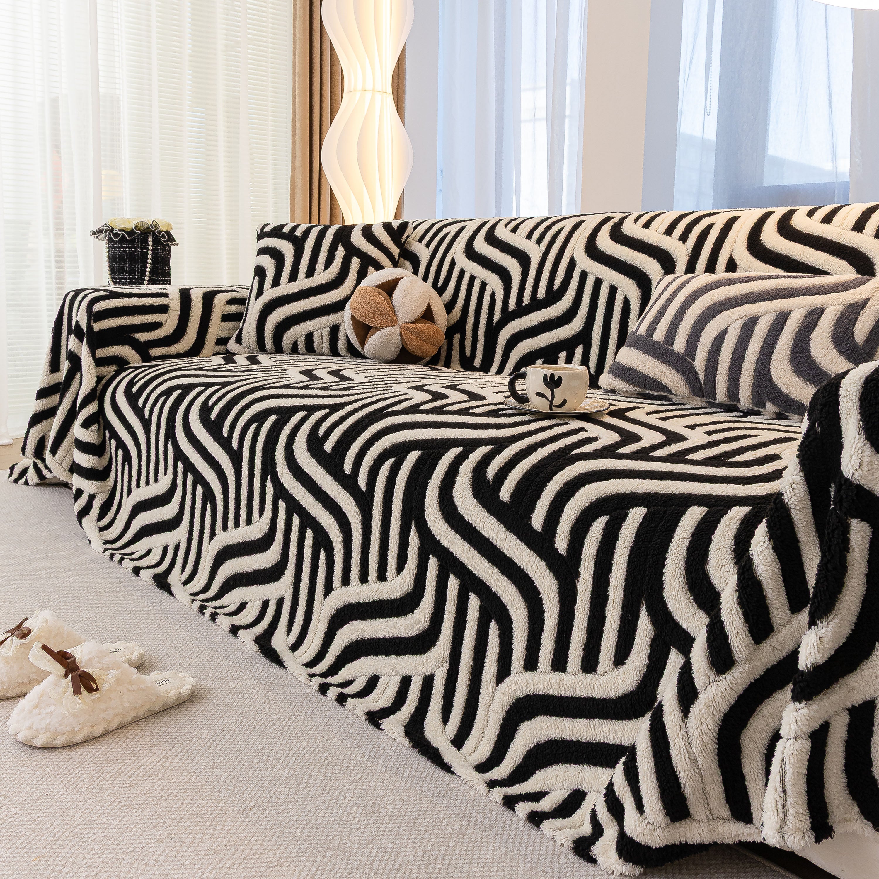Plush Sherpa Sofa Throw Cover For Sectional, Jacquard Wave Throw Furniture Protector