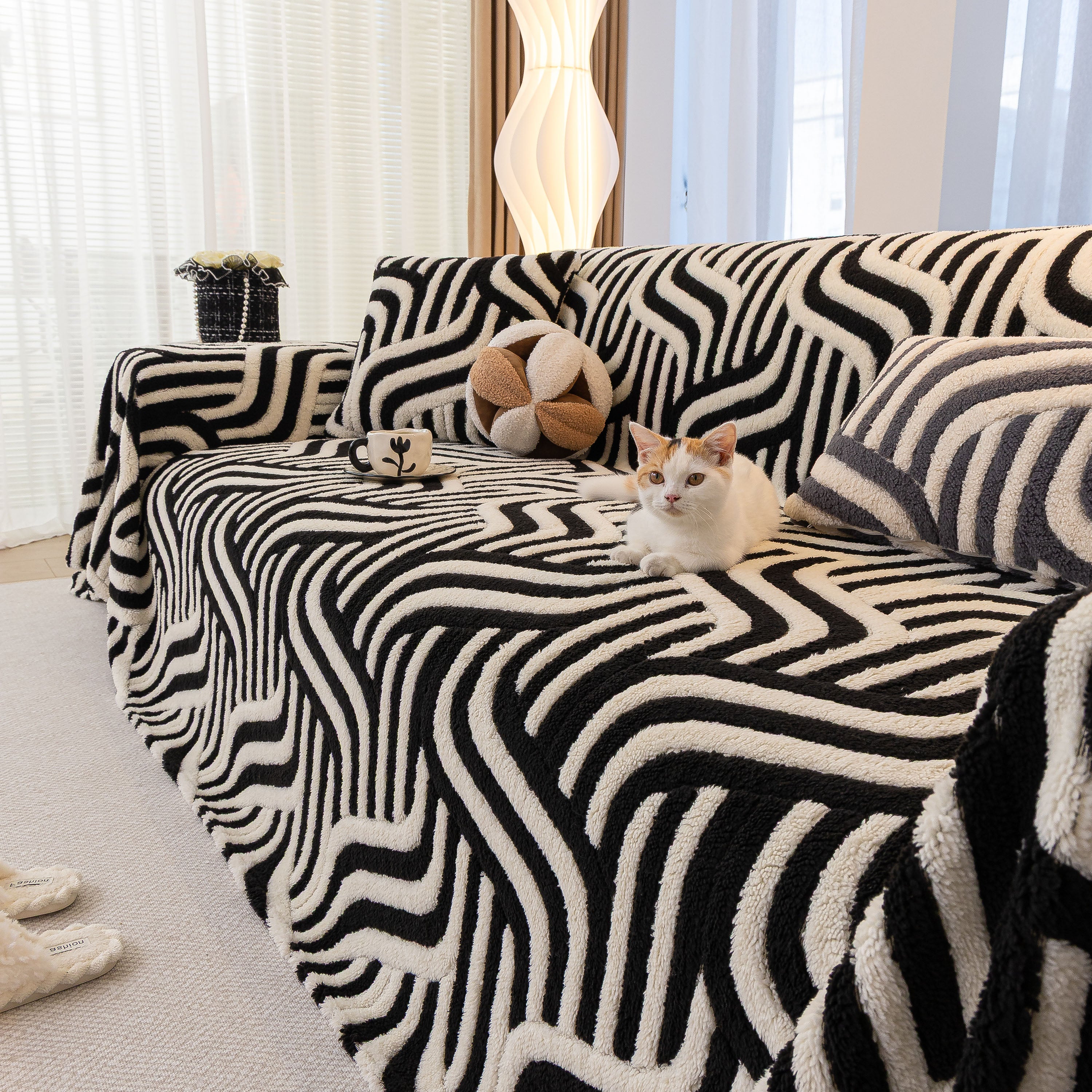 Plush Sherpa Sofa Throw Cover For Sectional, Jacquard Wave Throw Furniture Protector