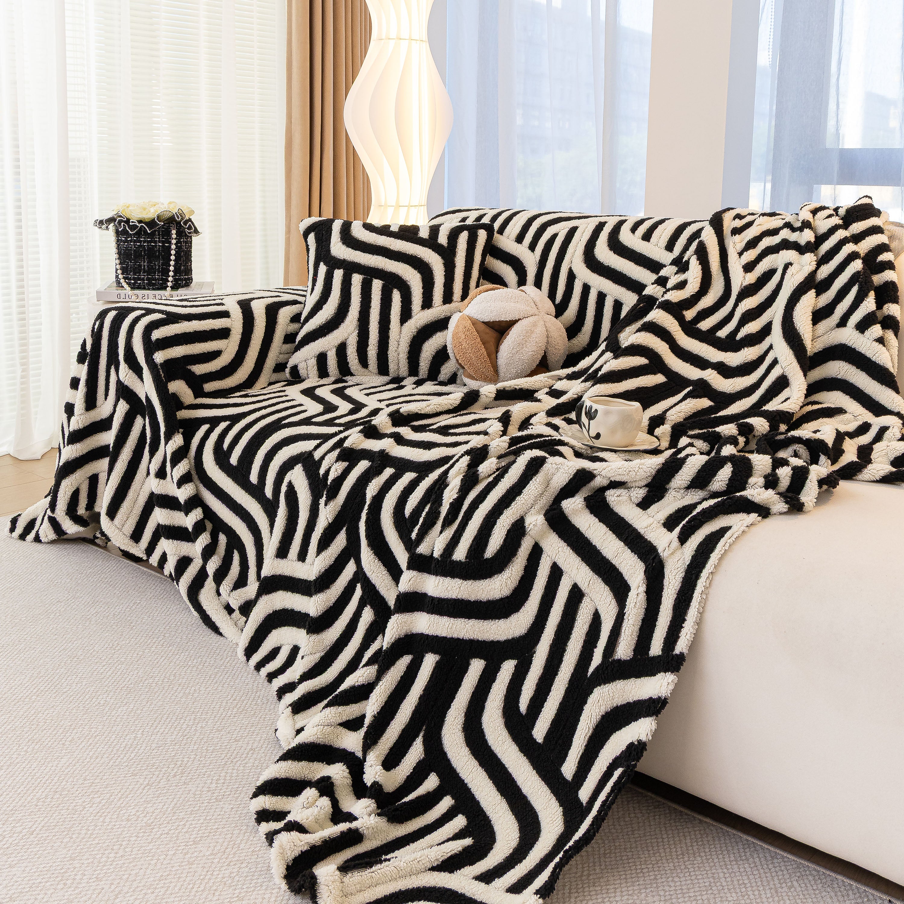 Plush Sherpa Sofa Throw Cover For Sectional, Jacquard Wave Throw Furniture Protector